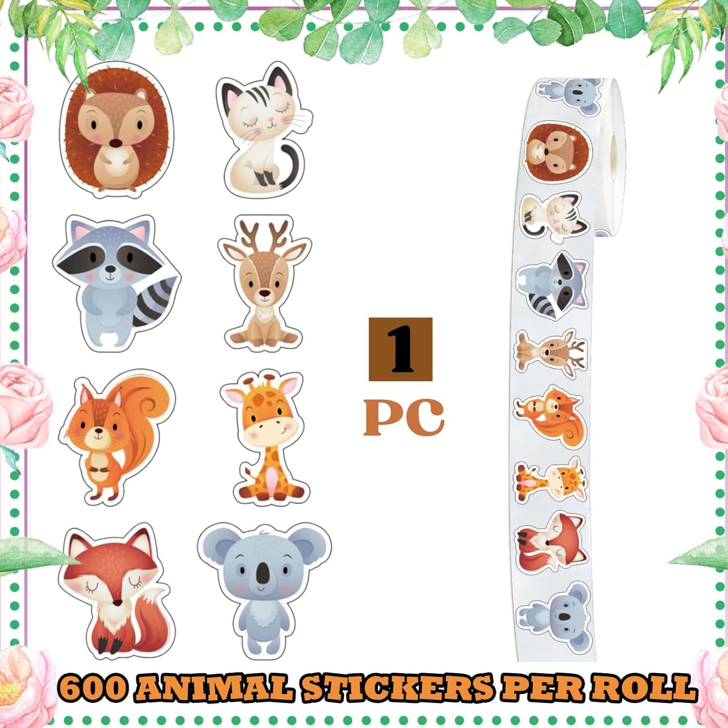 600 PCS Cute Animal Roll of Stickers for Kids Reward Encouraging Students Motivational Classroom Teacher Supplies Bulk Potty Training and Farm Animal Party Favors (Forest Animal, 1)