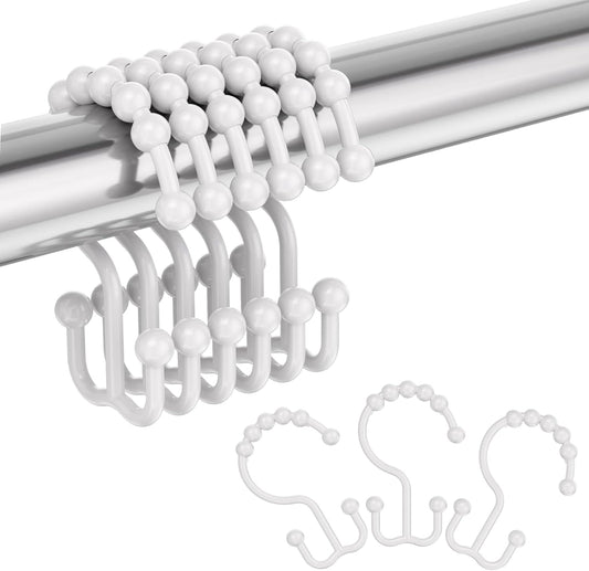 Plastic Shower Curtain Hooks, Shower Curtain Hooks Rings, Double Shower Curtain Hooks, Shower Hooks for Shower Curtain, White Shower Curtain Hooks for Curtain Liner Bathroom - 12 Pcs