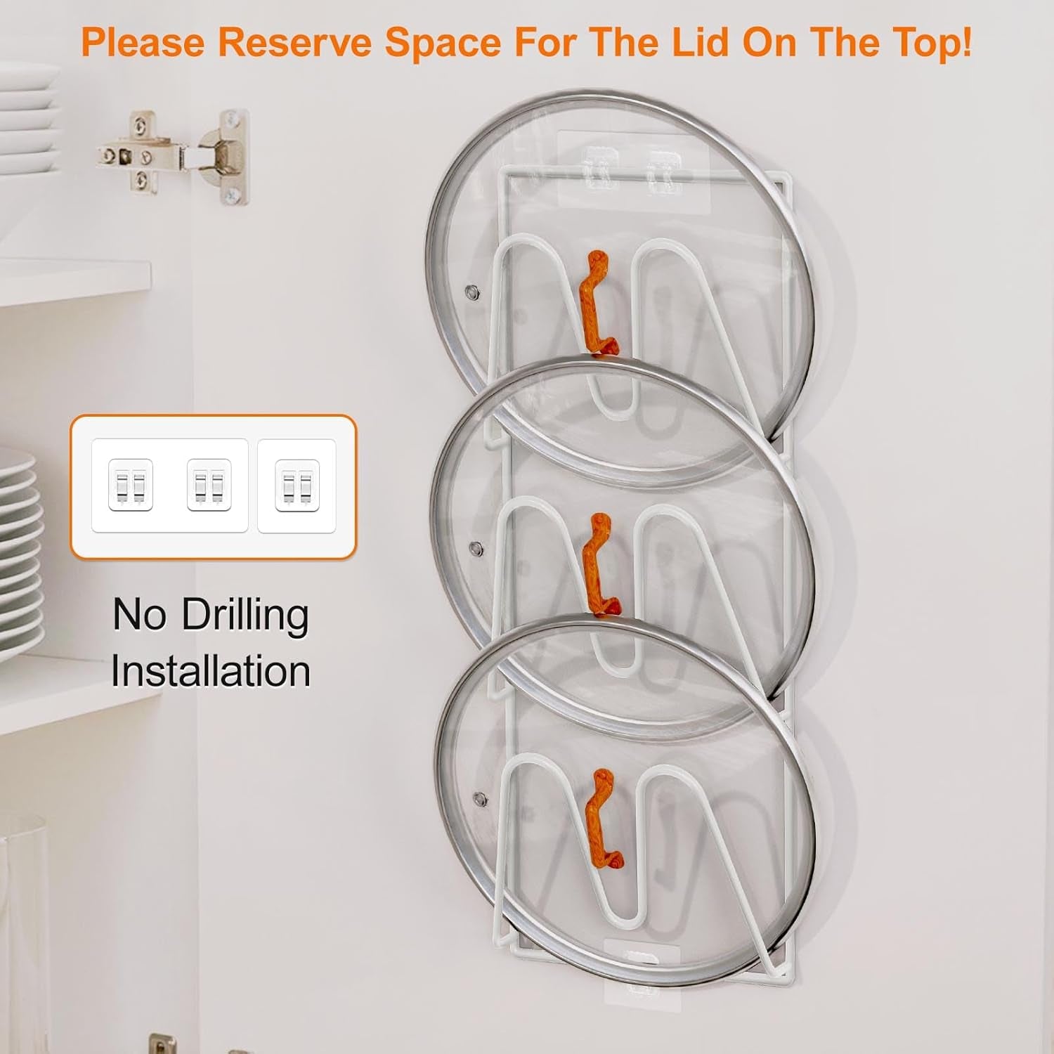 2 Pack Pot Lid Organizer Rack, 6-Tier Pot Lids Holder for Cabinet Door/Wall, No Drilling Adhesive Wall/Door Mounted Rustproof Pot and Pan Cover for Kitchen Storage, White