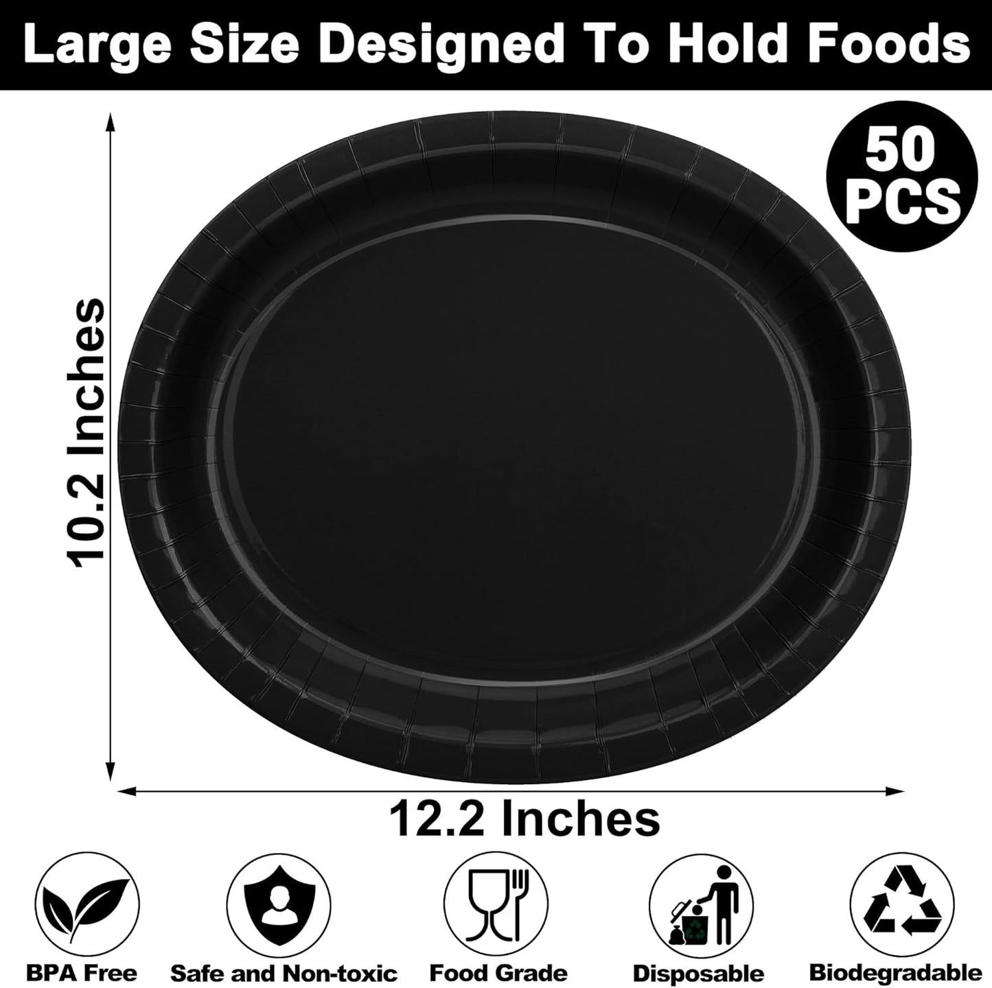 50 Count Black Large Paper Plates, 12.2'' X 10.2'' Oval Disposable Plates, Daily Heavy Duty Dinnerware Party Decorations for Birthday Wedding Formal Dinner Holiday
