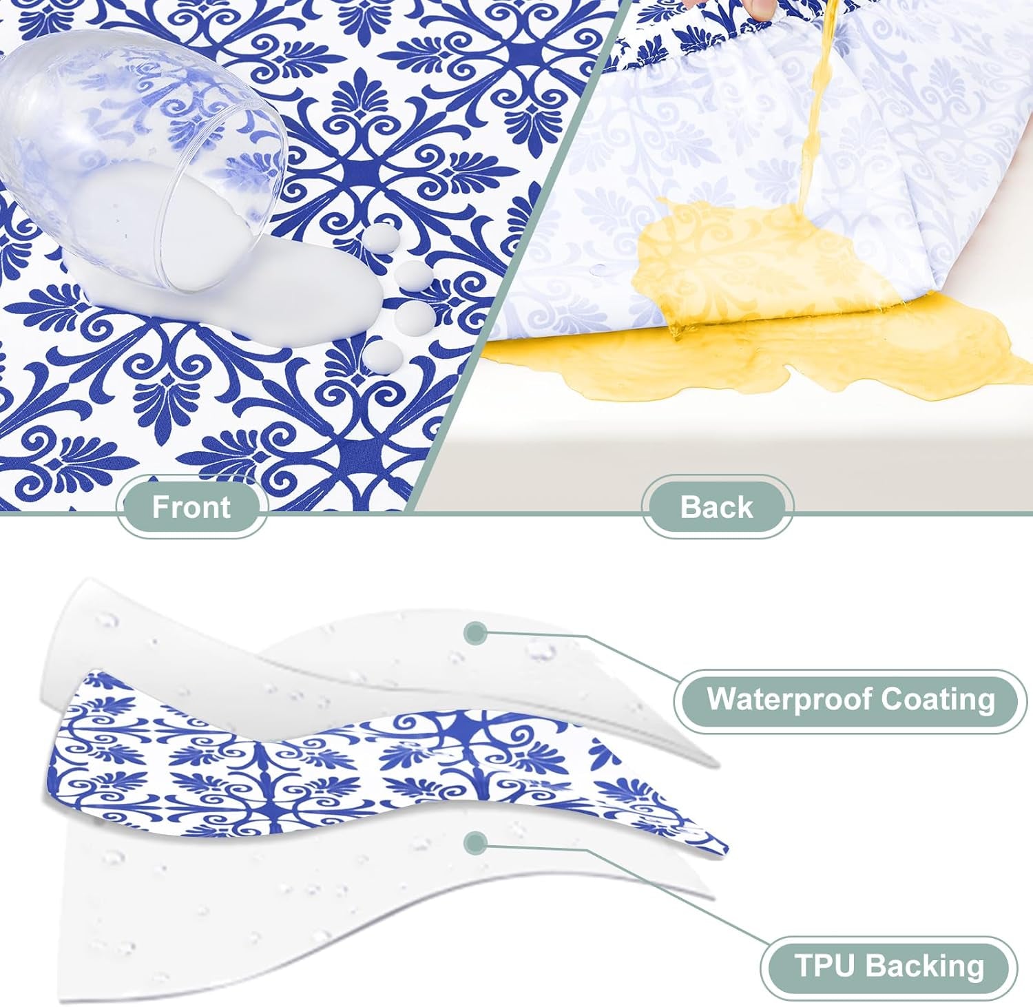 2 Pack 6 Foot Rectangle Picnic Tablecloth, Elastic Fitted Waterproof Table Cover, Windproof Washable Polyester Table Cloth for Camping, Indoor and Outdoor (Blue, 30" X 72")
