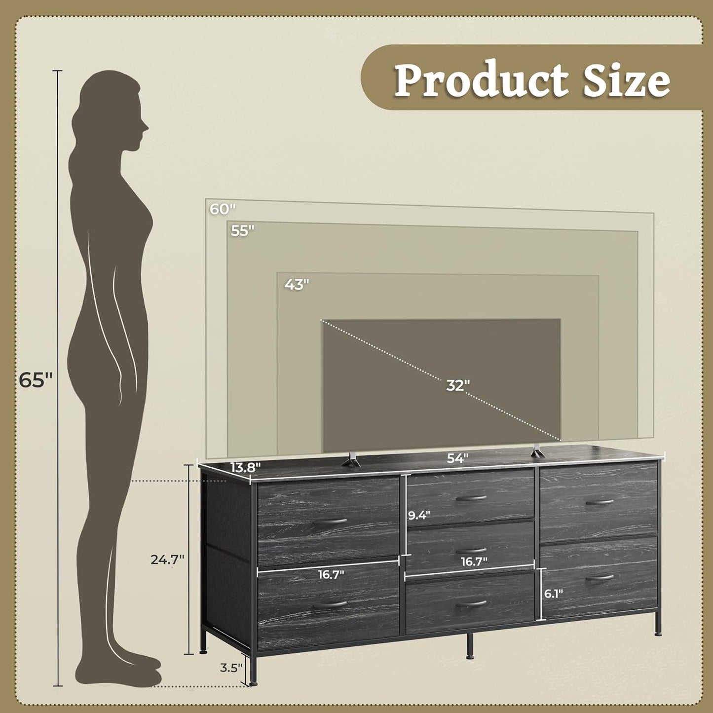 Elegant Charcoal Black Wood Grain Dresser and TV Stand Combo with 7 Drawers, Suitable for 43 to 60 Inch TVs