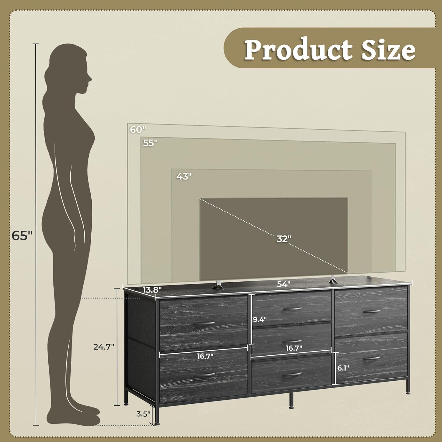 Elegant Charcoal Black Wood Grain Dresser and TV Stand Combo with 7 Drawers, Suitable for 43 to 60 Inch TVs