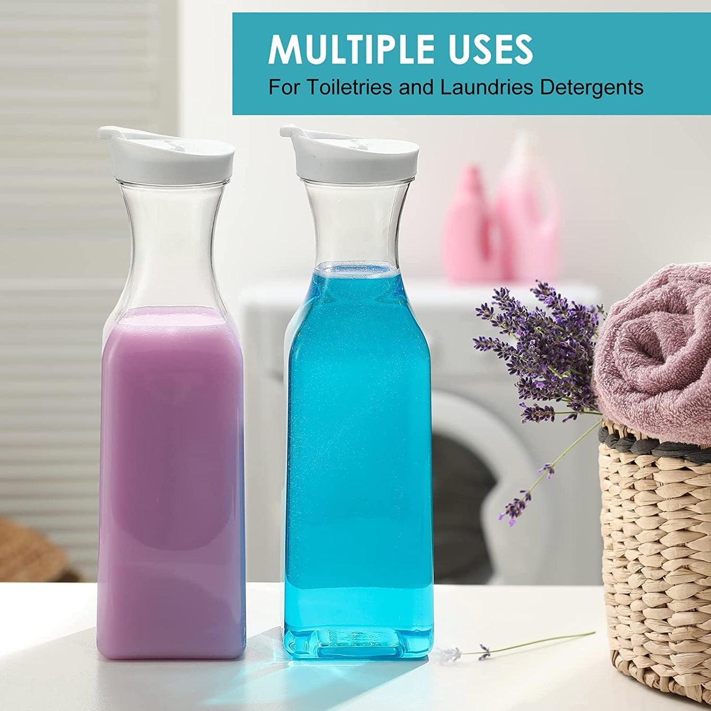 Plastic 4 Pack Large 50 Oz Water Carafe with Flip Top Lid, Square Base Juice Containers, Clear Plastic Pitcher - for Water, Iced Tea, Juice, Lemonade, Milk, Cold Brew and Mimosa Bar - HAND WASH ONLY
