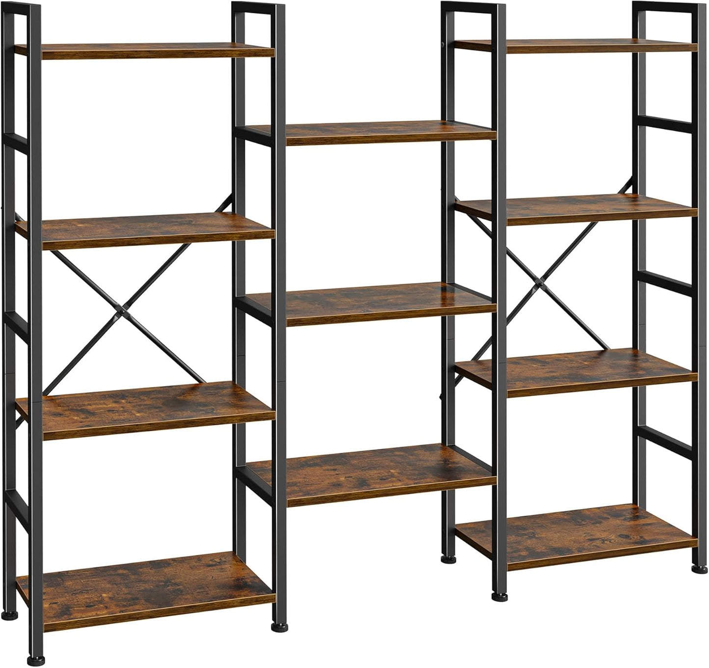 Triple 4-Tier Bookshelf with 11 Open Display Shelves - Wide Bookcase for Home and Office in Rustic Brown Finish