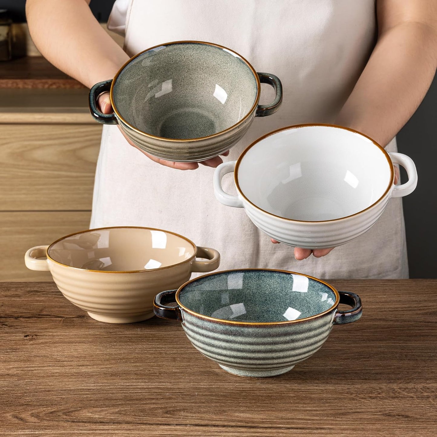 Ceramic Soup Bowls Set with Double Handles, 24 OZ Capacity, Ideal for Soup, Cereal, Stew, Salad, Noodles, and Ramen, Microwave and Dishwasher Safe, Set of 4