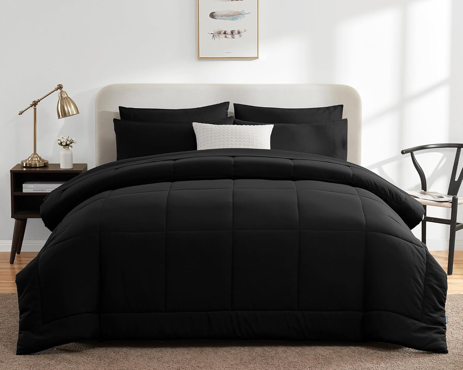 Queen Comforter Set Black 7 Pieces Bed in a Bag Black Premium Comforters Queen Size Bed Set Bedding Sets Queen with All Season Stitch Quilted Comforter, Flat Sheet, Fitted Sheet, Pillowcases