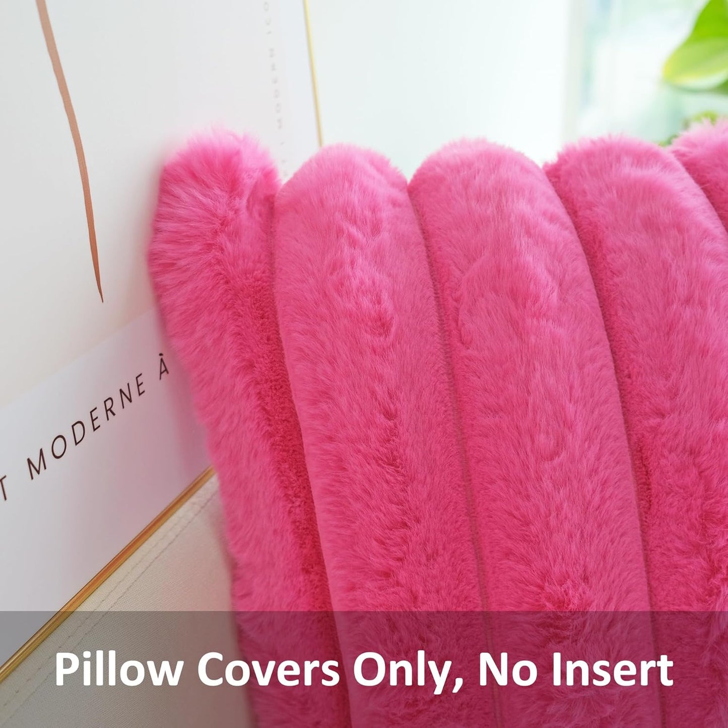 Pack of 2 Faux Fur Plush Decorative Throw Pillow Covers Couch Cushion Case Soft Fluffy Pillowcases Wide Stripe (Hot Pink, 16 X 16 Inch)