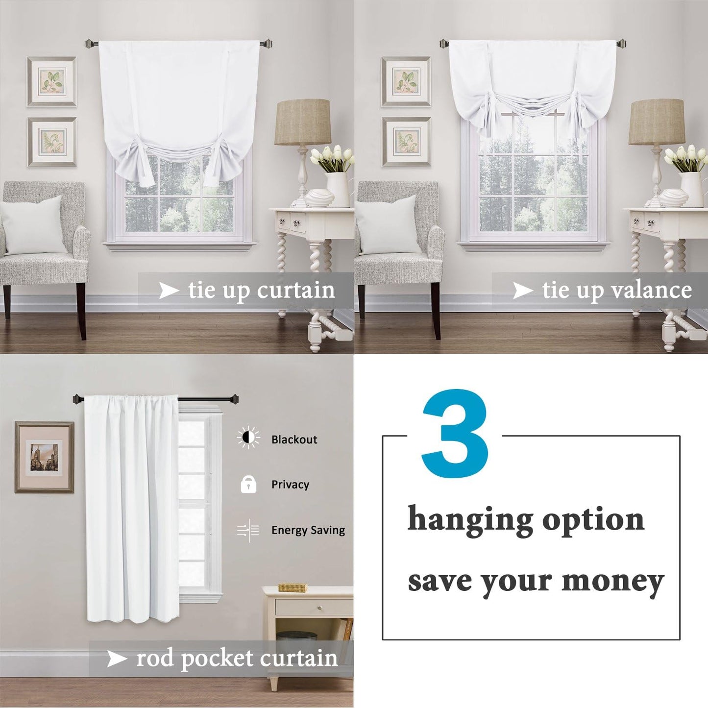 Pure White Curtain Thermal Insulated Tie up Window Shade Light Blocking Curtains for Bathroom, Rod Pocket Panel- 42In Wide by 63In Long