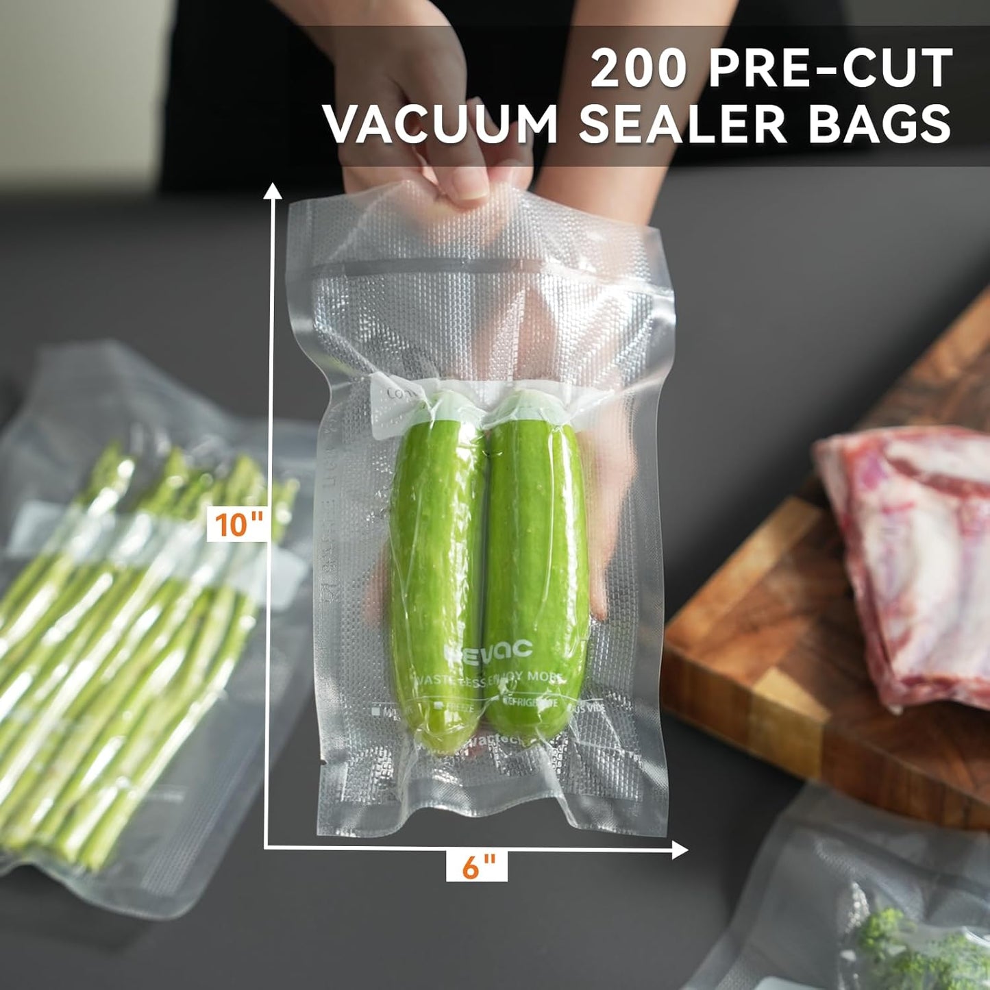 6” X 10” 200 Count Food Vacuum Sealer Bags Keeper, Precut Pint, Ideal for Food Saver, BPA Free, Commercial Grade, Great for Storage, Meal Prep and Sous Vide