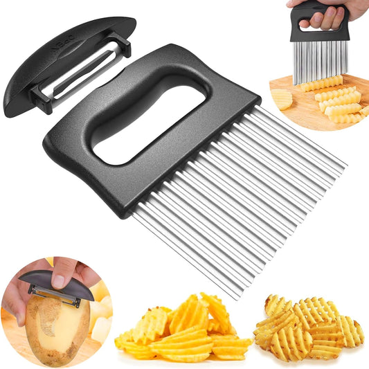 2 in 1 Crinkle Cutter with Peeler – Stainless Steel Wave Potato Cutter, Crinkle Cut French Fry Slicer for Veggies, Cucumber Slicer Wavy Chopper Vegetable Cutting, Vegetable Peeler for Kitchen