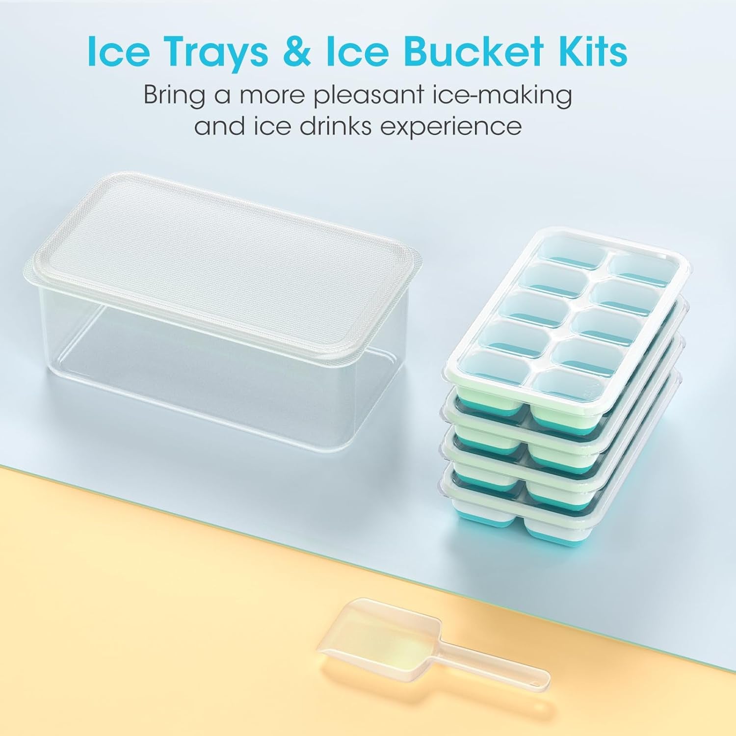 Ice Cube Tray with Lid and Bin, 4 Pack Silicone Plastic Ice Cubes Trays for Freezer with Box/Container, Stackable with Storage Iced Bucket Kits, Scoop, for RV, Soup, Food, Cocktail, Coffee