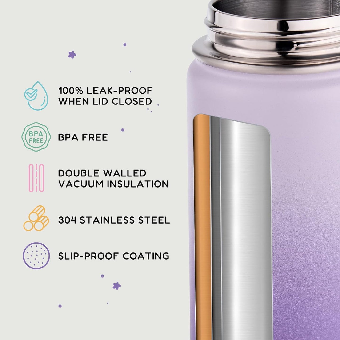 12Oz Kids Water Bottle for School, Toddler Bottles with Straws, Stainless Steel Vacuum Insulated Water Bottle for Boys&Girls, Leak-Proof, Bpa-Free, Lavender