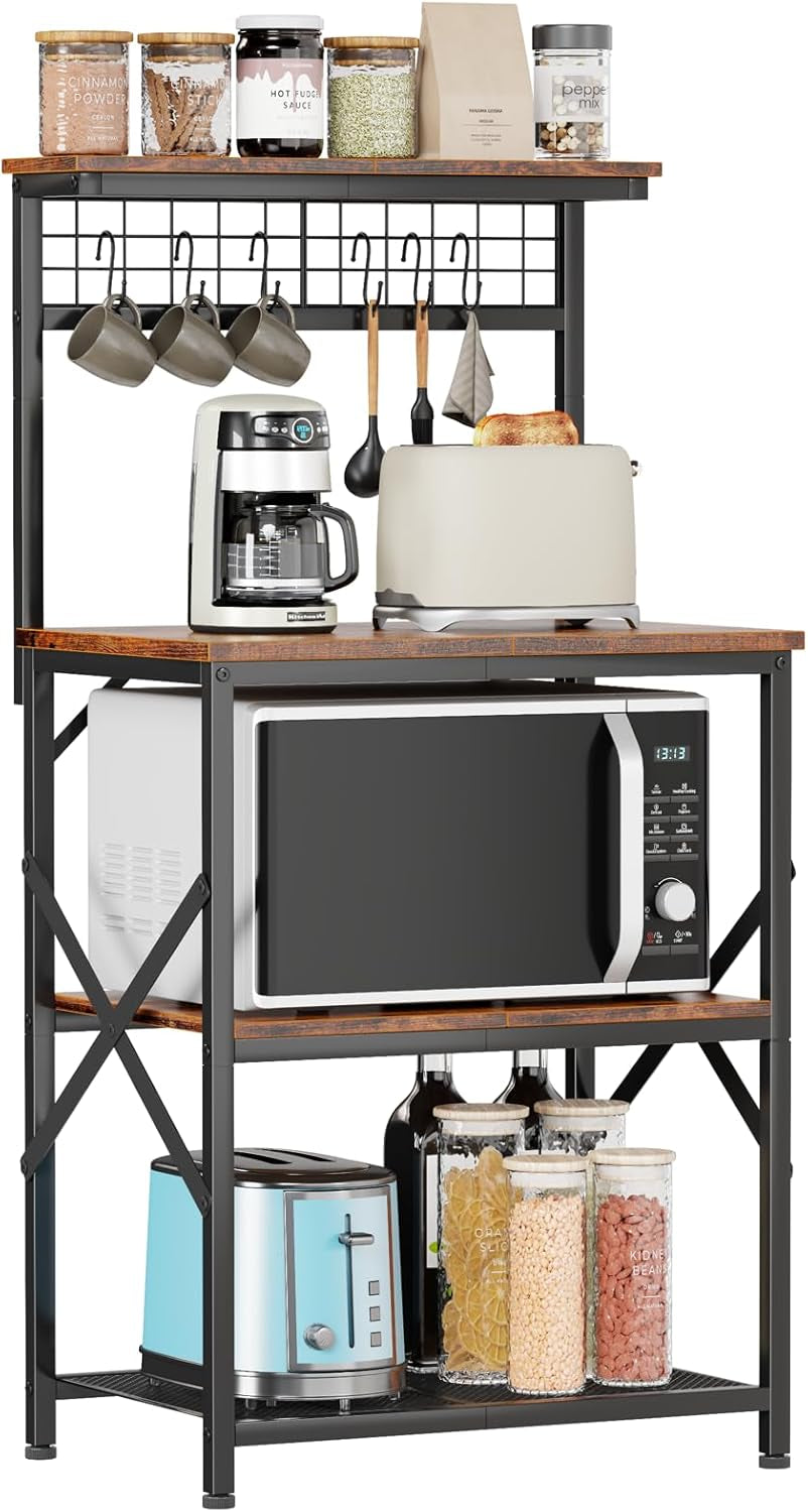 Kitchen Bakers Rack with Hutch, Coffee Bar Station 4 Tiers, Microwave Oven Stand with 6 S Hooks and Pegboard, Kitchen Microwave Rack for Spice Organizer Workstation, Rustic Brown