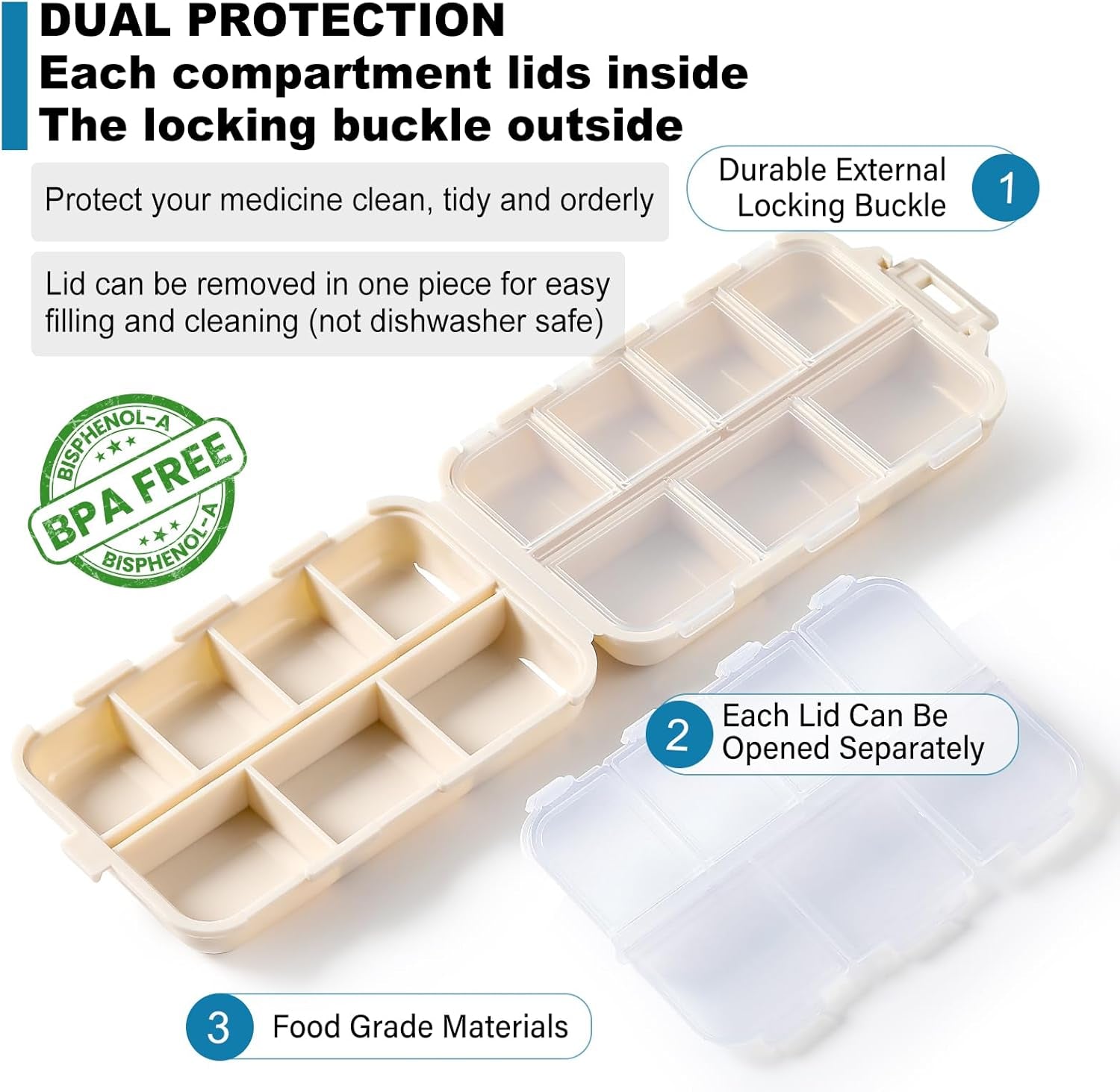 14 GRIDS Travel Pill Organizer Box with Labels - Travel Medicine Case Kit - Pocket Daily Pharmacy Container - Travel Medication Holder Dispenser for Fish Oil Vitamin Supplement Storage - Khaki