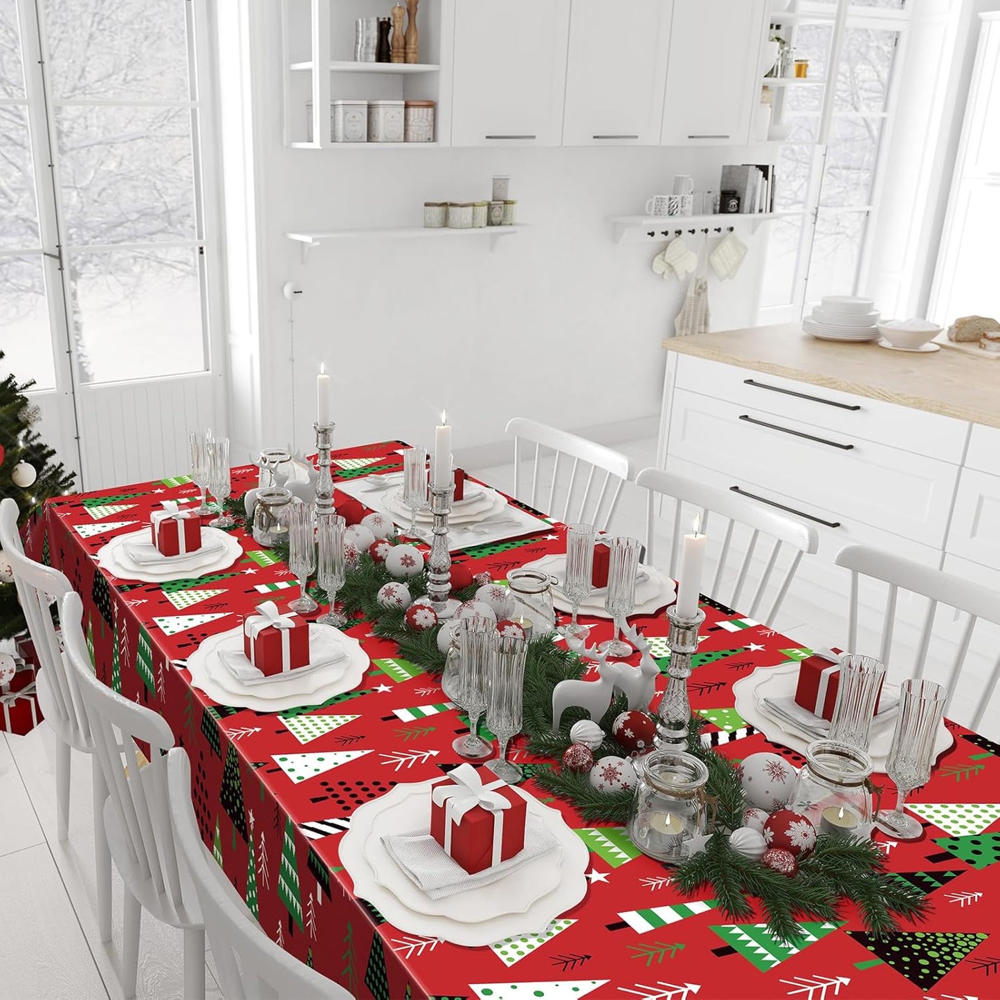 3 Pack Christmas Tree Table Cloth for Rectangle Table, Red Green Xmas Disposable Plastic Table Cover Waterproof Christmas Table Decorations for Winter Holiday New Year Party Supplies, 54X108 Inch