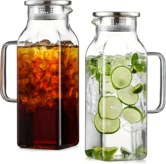 2 Pack 2 Liters/68 Oz Square Glass Pitcher with Lid and Handle for Fridge, Iced Tea and Coffee Carafe Beverage Serveware, Heat Resistant Borosilicate Water Jug for Hot/Cold Drinks and Milk