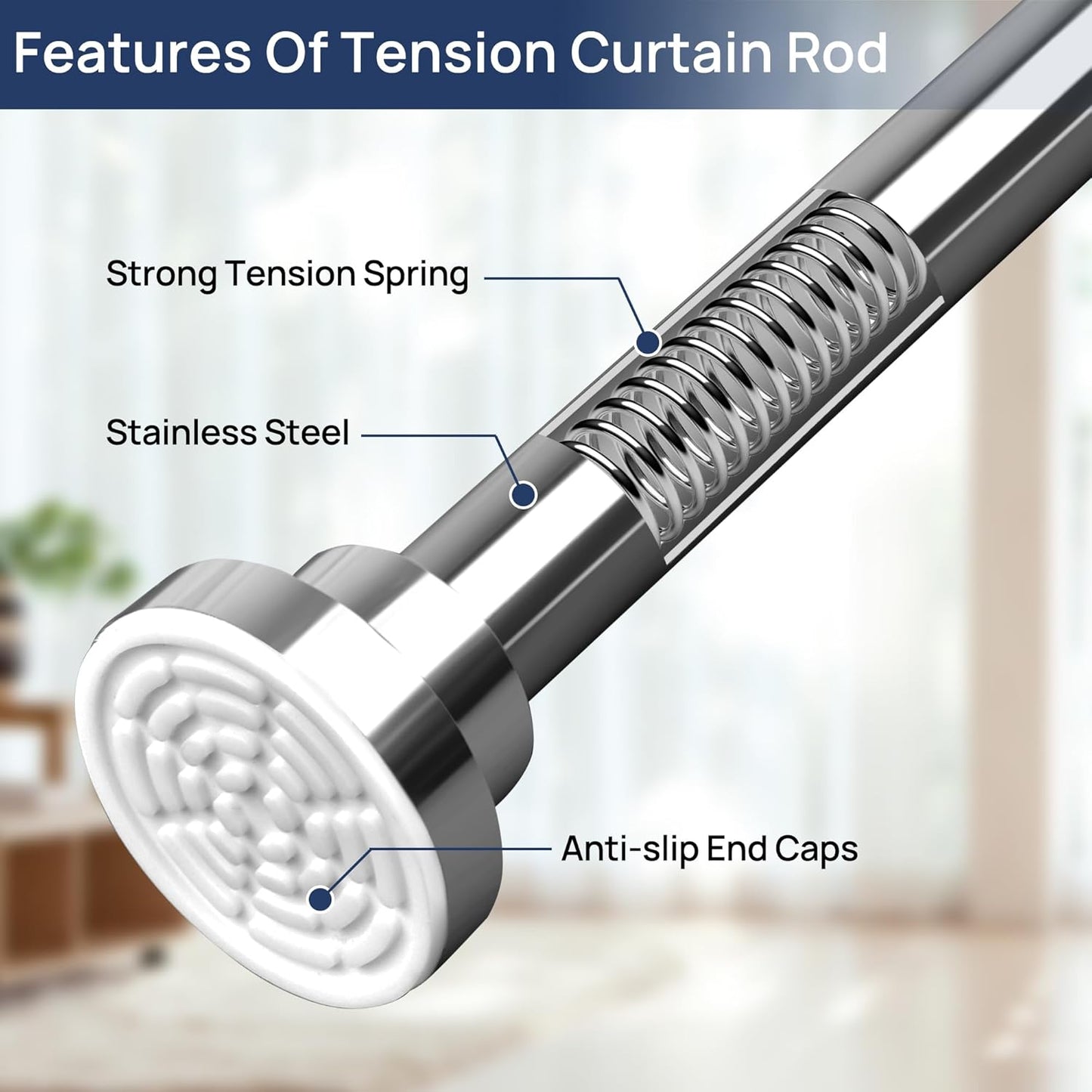 2 Pack Adjustable Spring Tension Curtain Rods 32 to 66 Inches, Stainless Steel Chrome Shower Rod No Drilling for Window, Bathroom, Closet, Room Divider, 7/8" Diameter