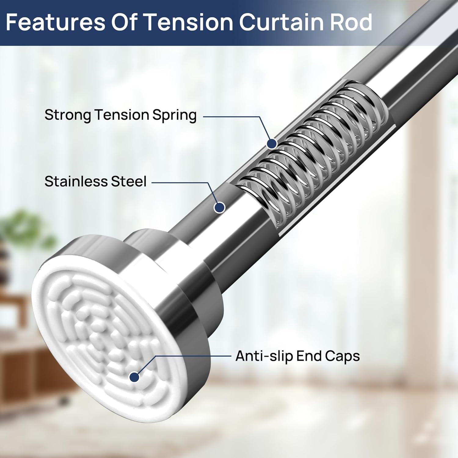 2 Pack Adjustable Spring Tension Curtain Rods 32 to 66 Inches, Stainless Steel Chrome Shower Rod No Drilling for Window, Bathroom, Closet, Room Divider, 7/8" Diameter