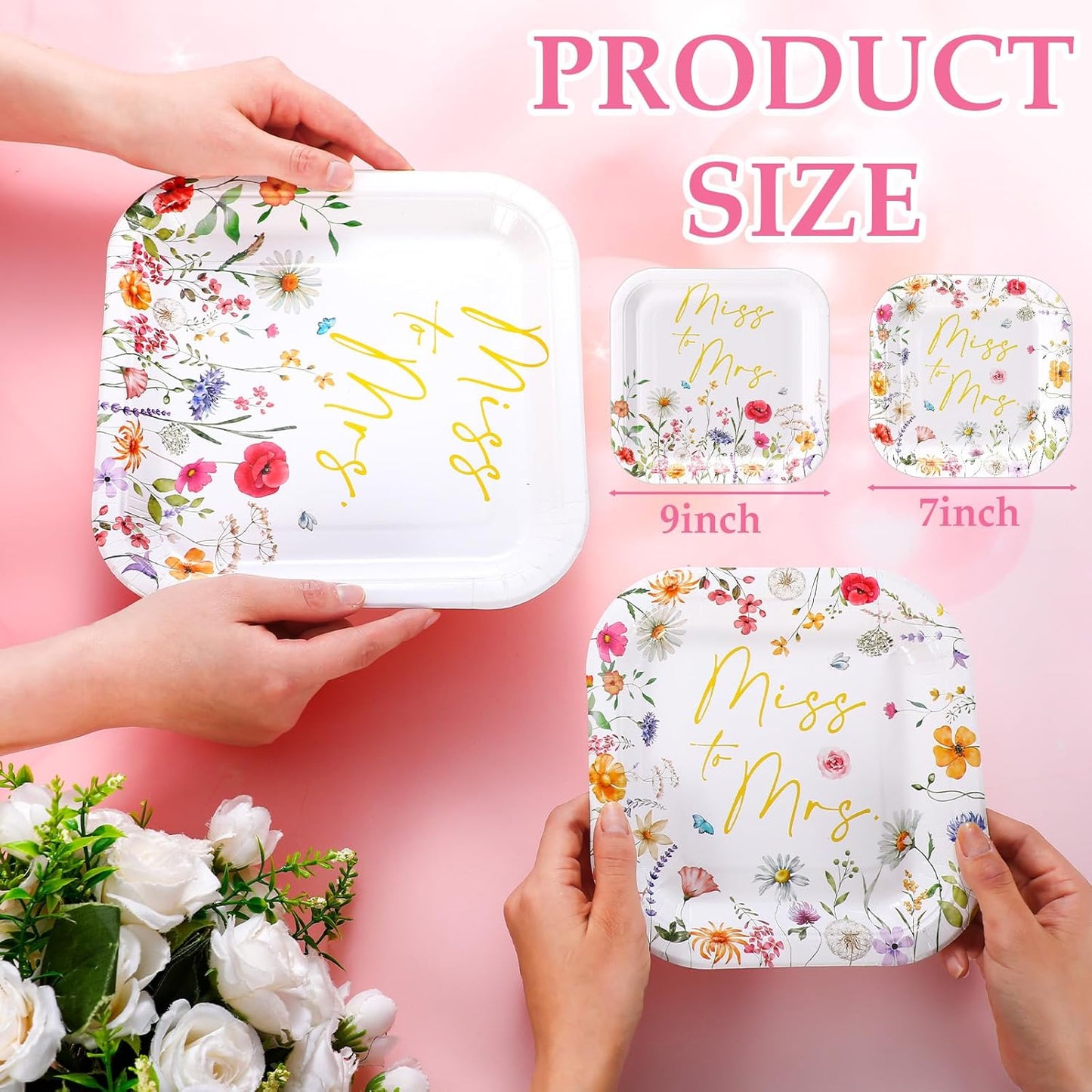 100-Count Floral Disposable Paper Plate Set - 9-Inch Dinner Plates and 7-Inch Square Dessert Plates for Weddings, Birthdays, and Baby Showers (Pink and Gold, Miss to Mrs Theme)