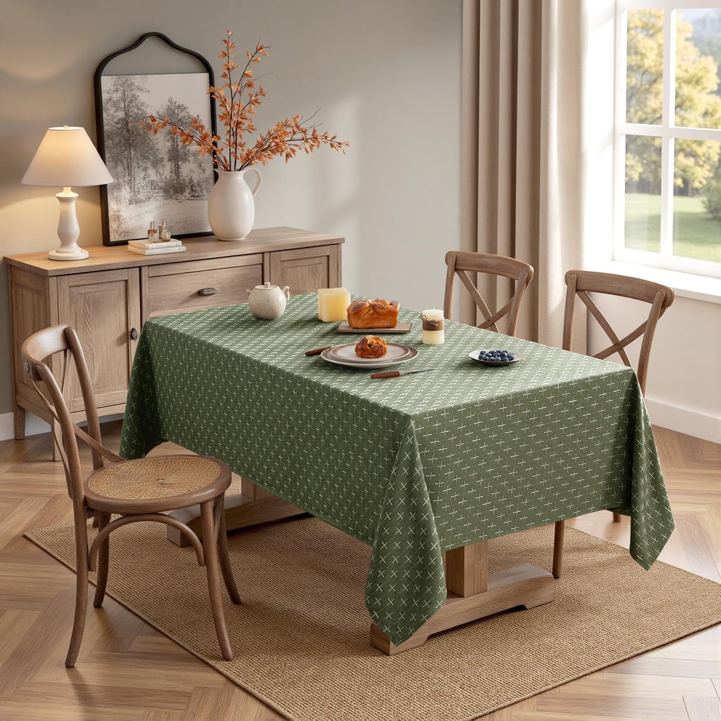 Olive Green Waterproof Linen Rectangle Tablecloth with Cross-Star Texture, Rustic Farmhouse Style for Dining, Parties, Buffets, and Weddings, 60x84 Inches
