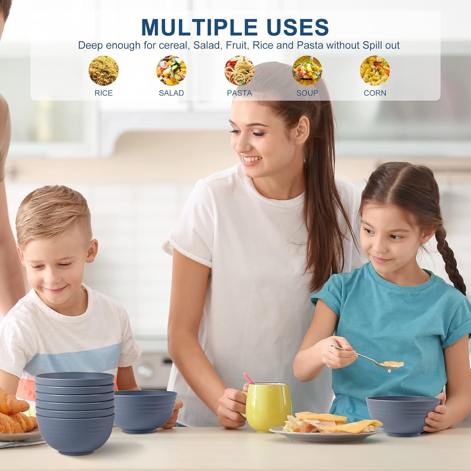 BPA Free Unbreakable Wheat Straw Cereal Bowls - Microwave & Dishwasher Safe Soup and Salad Bowls, Set of 8, 26Oz, Classic Blue