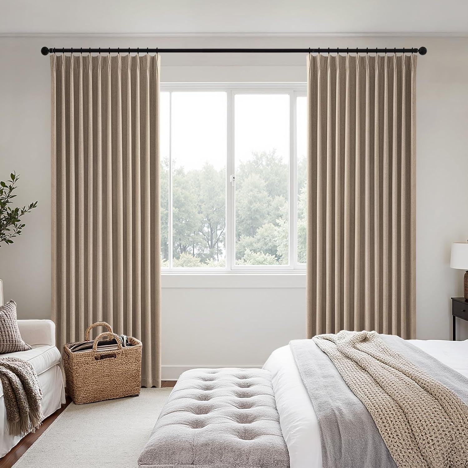 Copper Brown 100% Blackout Linen Pinch Pleated Curtains - Room Darkening Drapes for Bedroom and Living Room, 84 Inches Long, Set of 2 Panels with Pin Hooks