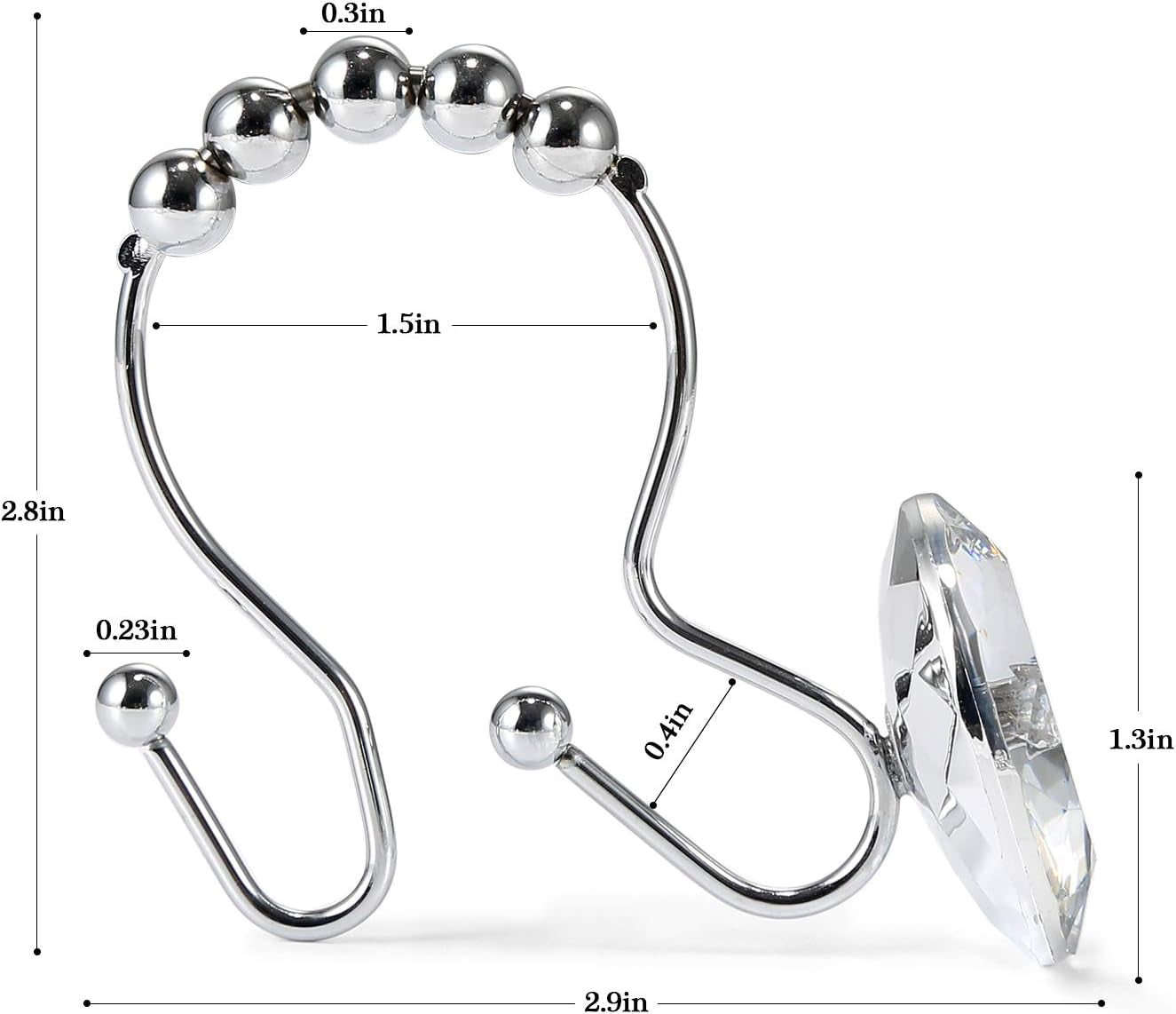 Shower Curtain Hooks, 12 Pcs Crystal Shower Curtain Rings, Stainless Steel Rust Proof Double Shower Hooks for Curtains, Shower Curtain & Liner Decor (Crystal White)