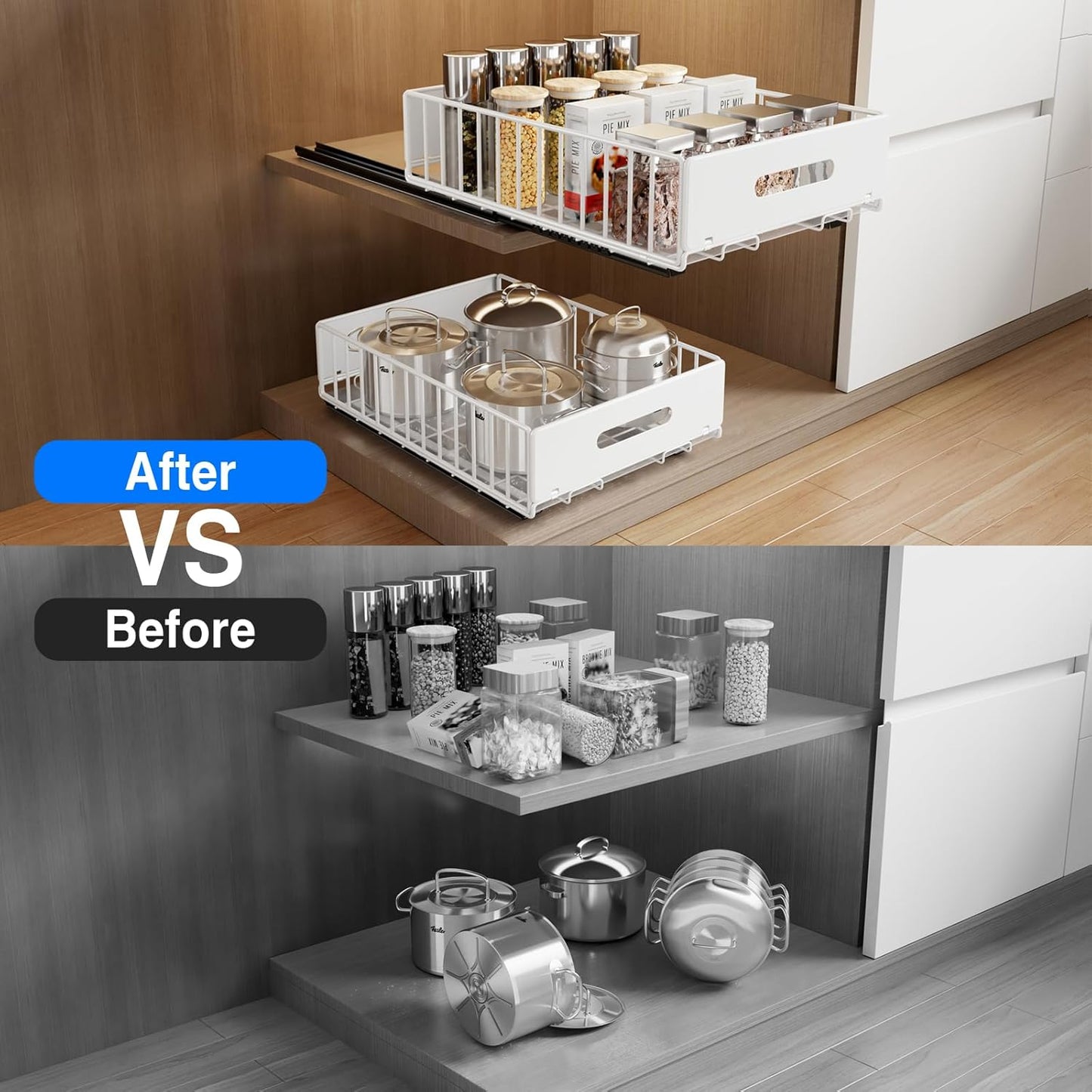 2 Pack Pull Out Cabinet Organizer, Slide Out Cabinet Drawers Peel and Stick Pull Out Drawers Heavy Duty Pull Out Shelf for Kitchen, Cupboard, Pantry, Bathroom (16.5" D*11.8" W*3.94" H-White)