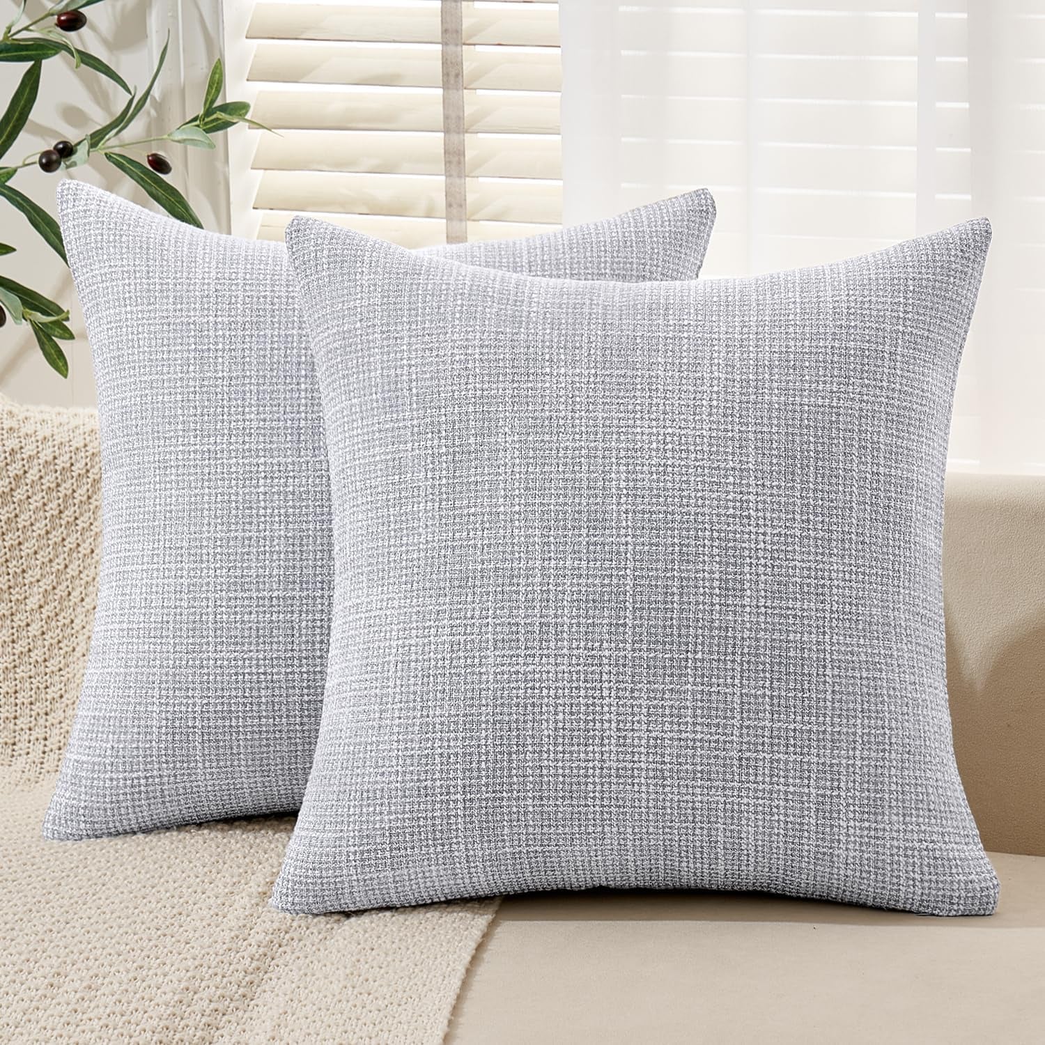 Burlap Linen Throw Pillow Covers 18X18 Inch Set of 2 Blue Grey Decorative Pillows Modern Farmhouse Pillowcases Soft Accent Cushion Covers for Outdoor Couch Sofa Bedroom Livingroom Home Decor