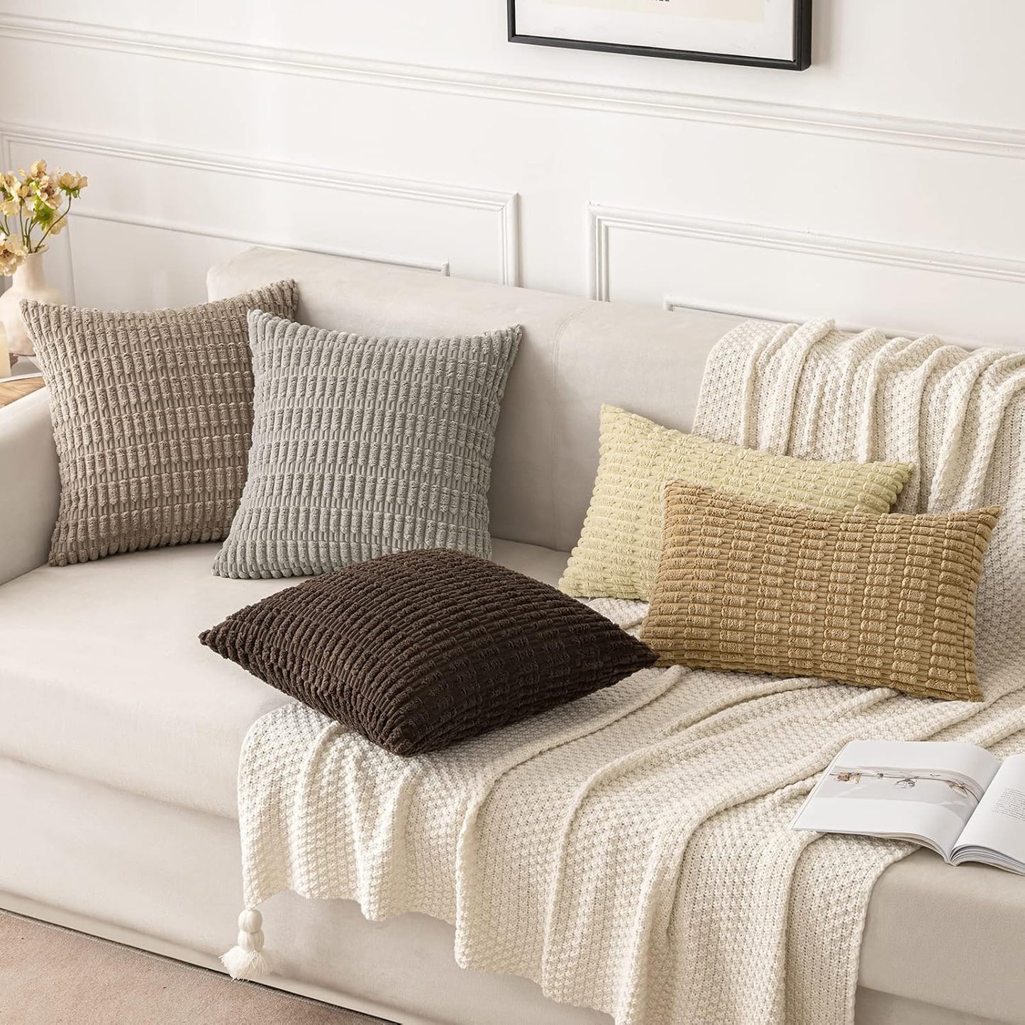 Set of 2 Soft Corduroy Decorative Throw Pillow Covers, 18x18 Inches, Boho Striped Design for Modern Farmhouse Home Decor, Light Brown