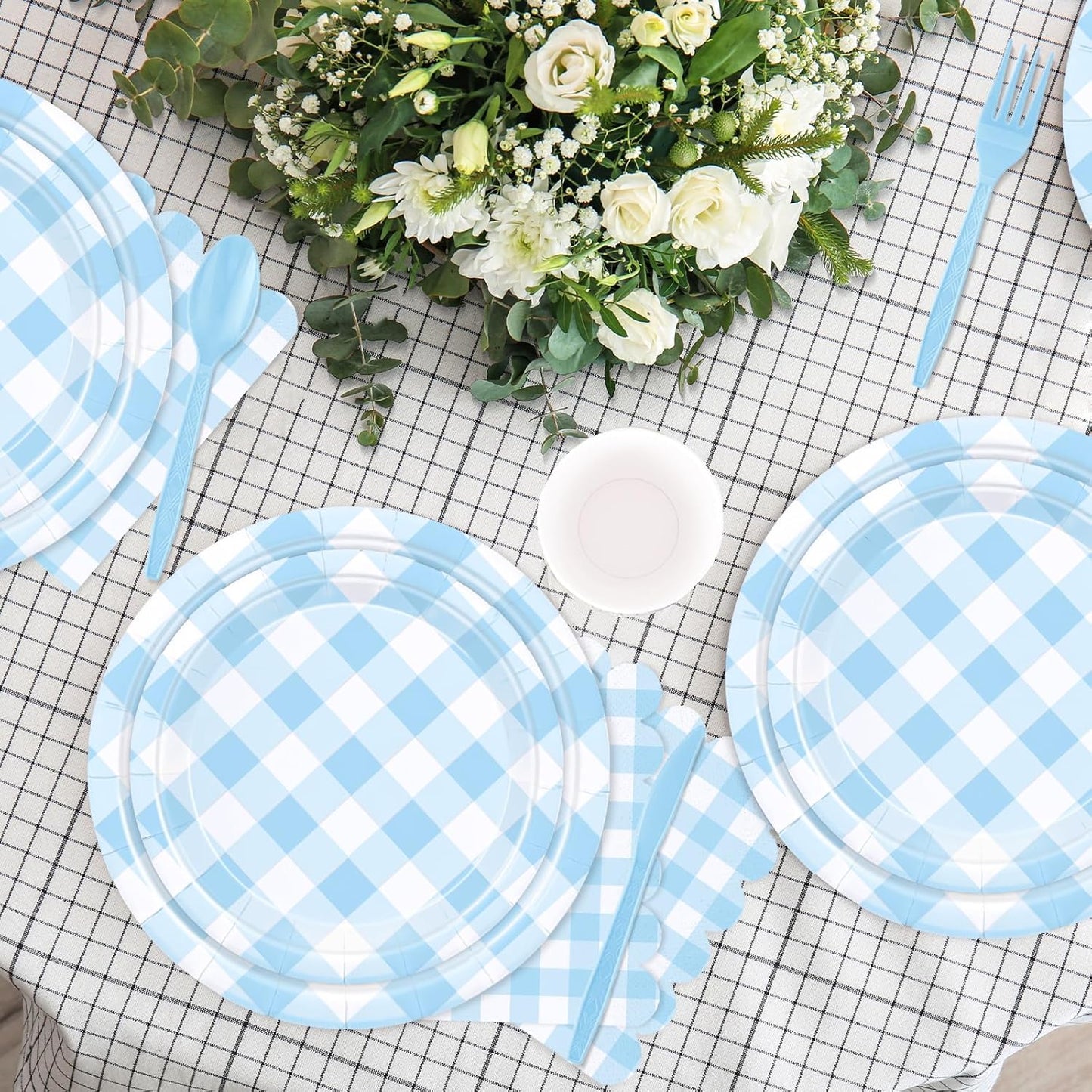 176 PCS Light Blue Gingham round Plates and Napkins, Blue Checkered Disposable Plates Set with Napkins Cups Plastic Spoons Forks Knives for Dinner Birthday Baby Shower Wedding Supplies Serve 25 Guests