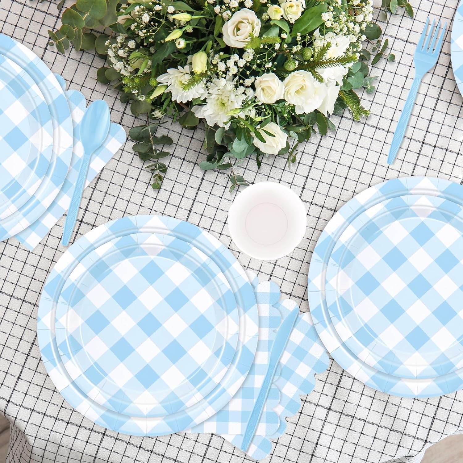 176 PCS Light Blue Gingham round Plates and Napkins, Blue Checkered Disposable Plates Set with Napkins Cups Plastic Spoons Forks Knives for Dinner Birthday Baby Shower Wedding Supplies Serve 25 Guests