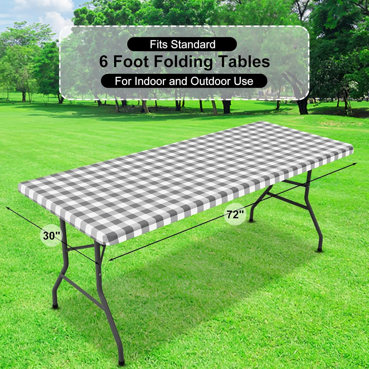 Buffalo Rectangle Picnic Tablecloth, 6 Foot Elastic Fitted Vinyl Table Cloth with Flannel Backing, Waterproof Plaid Table Covers for Dining, Camping, Outdoor (Grey and White, 30" X 72")