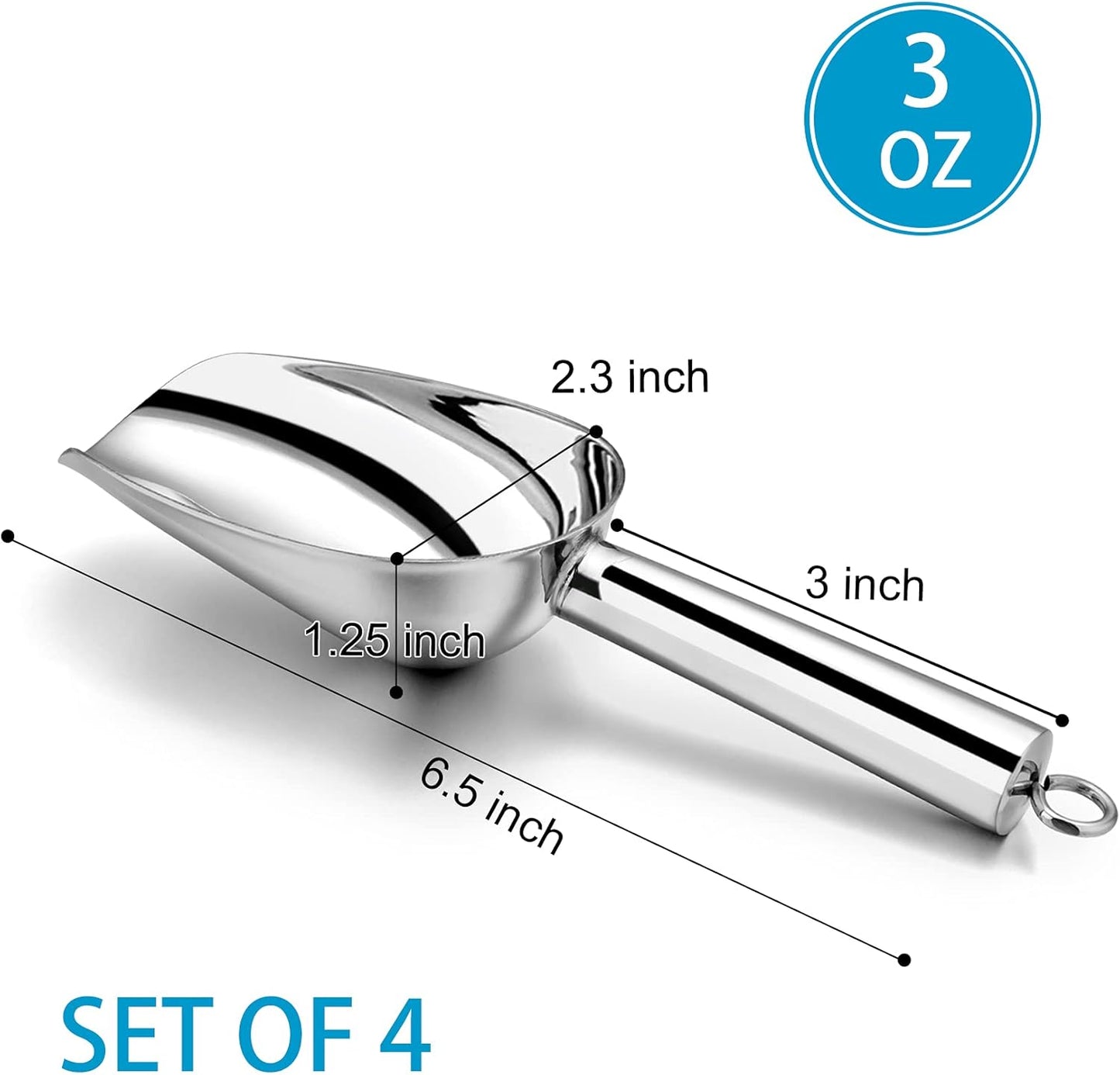 Mini Canister Scoop Set of 4, Stainless Steel Small Candy Ice Scoop for Home Bar Buffet Wedding, Mirror Finish & Elegant Shape, Easy Clean & Dishwasher Safe - Silver, 3 Ounce