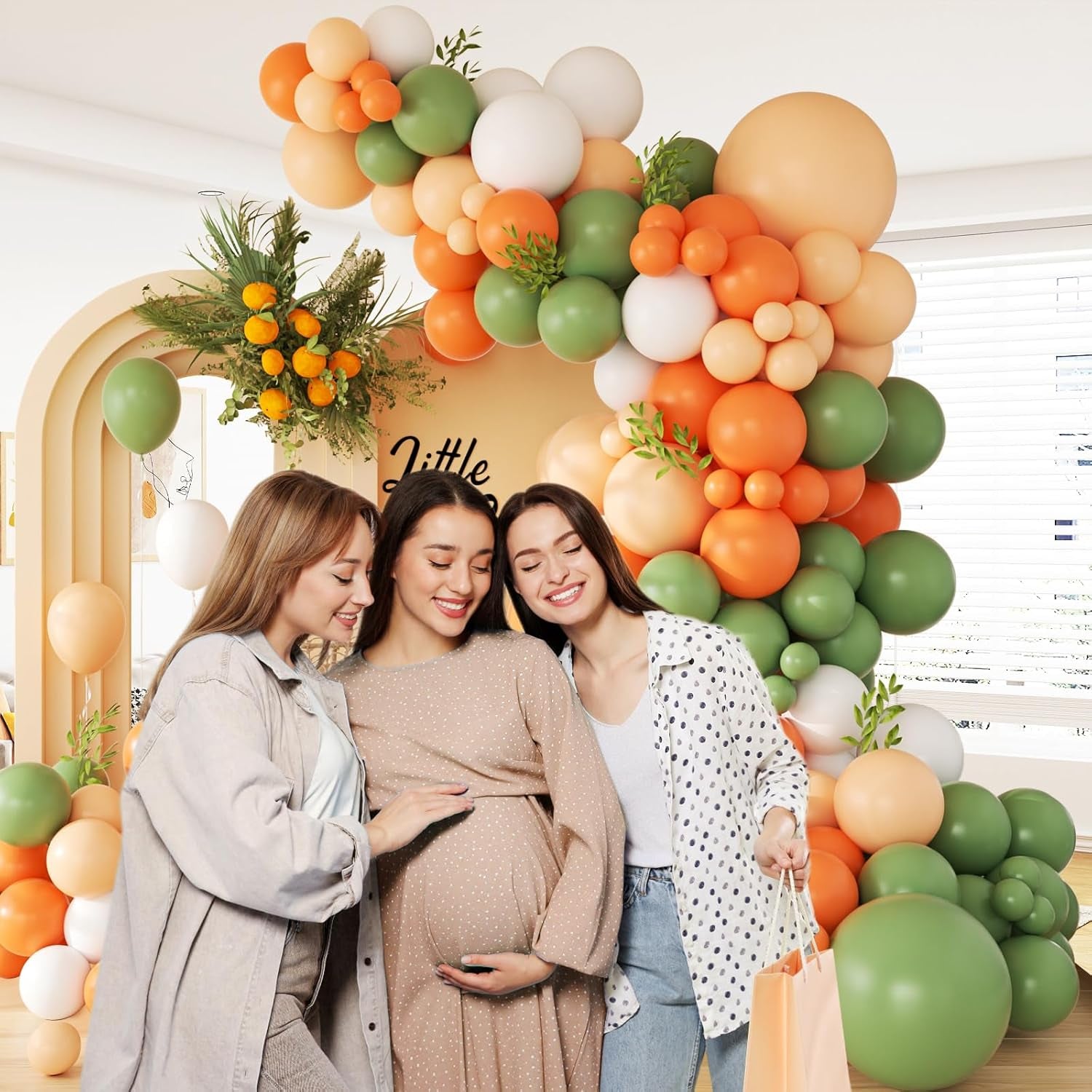 141Pcs Little Cutie Orange and White Balloon Arch Garland Kit with Sage Green Orange Nude Sand White Balloons for Birthday Party Little Cutie Baby Shower Decorations