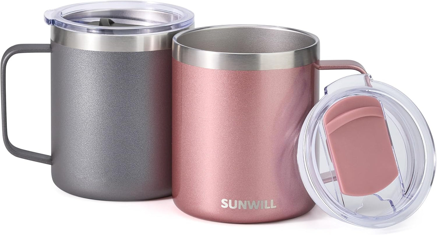 Travel Coffee Mug with Lid, Insulated Tumbler with Handle, 14 Oz Stainless Steel Cup Set of 2 for Camping, Outdoor, Cool Grey & Rose Gold 2 Pack