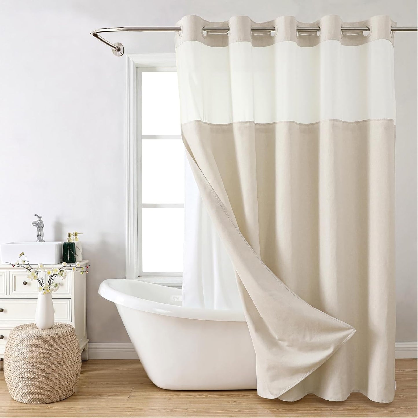 No Hooks Polyester Textured Shower Curtain with Snap-In Fabric Liner Set, Hotel Luxury Decor Shower Curtains for Bathroom with See through Top Window, Waterproof & Washable, 71Wx74H, Cream