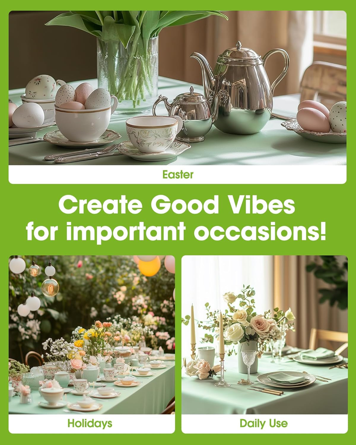 Plastic Table Cloth Disposable 10 Pack, 52 X 70 Inch Table Cloths, Easter Party, Decorative Tablecloths, Rectangle, Light, Pastel Plastic Cover, Waterproof & Sturdy, Sage Green