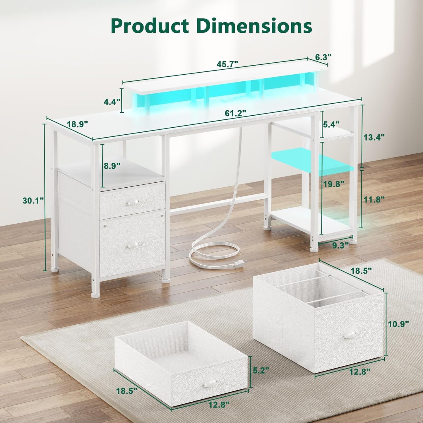 61" Computer Desk with Power Outlet and LED Lights, Reversible Gaming Desk with File Cabinet & Monitor Stand for Home Office, Large Work Table with Storage Shelves & Drawer, White
