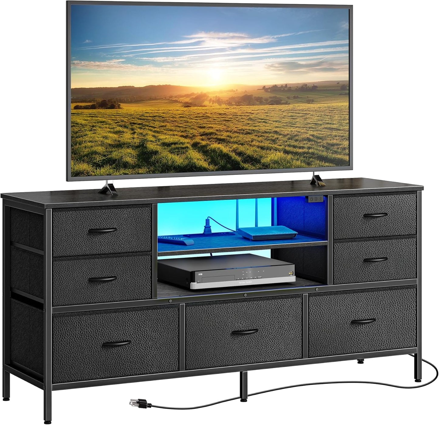 Elegant TV Stand and Dresser with Power Outlets and LED Lighting, 7-Drawer Console for 55-Inch TVs, Black PU Leather Finish