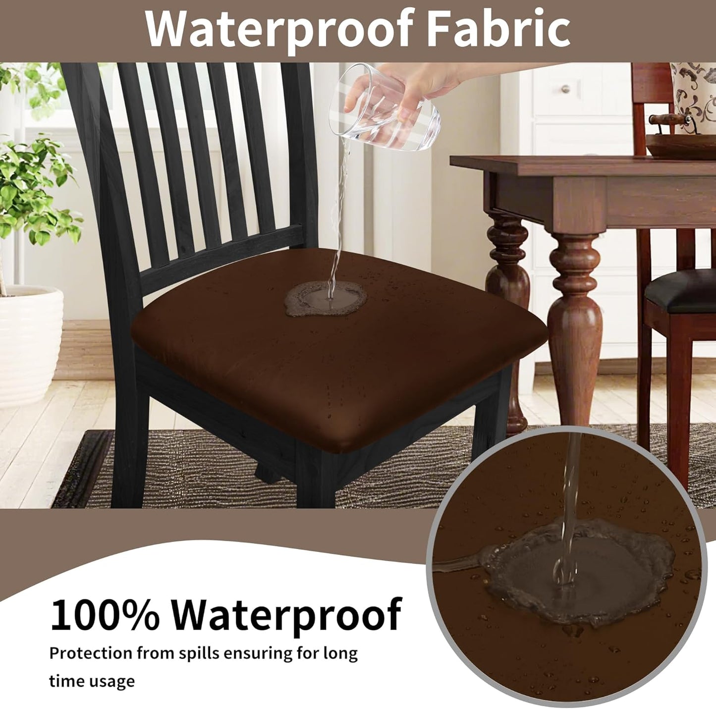 Waterproof PU Leather Seat Covers for Dining Room Chairs Set of 4, Stretch Fit Removable Chair Seat Protector Slipcovers with Elastic Band, Coffee