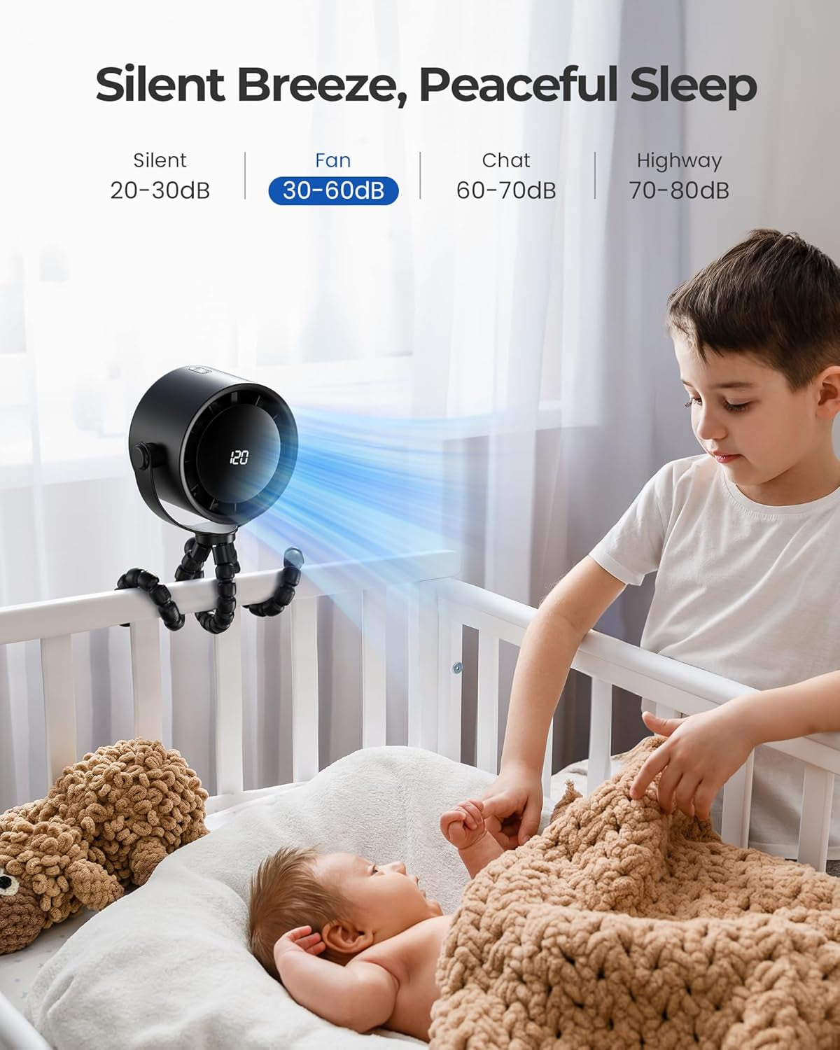 Portable Stroller Fan, Rechargeable Battery Operated, 5 Speeds with High-Speed Cooling, 17H Runtime, Digital Display, 360° Rotation, Ultra-Quiet, Flexible Tripod for Car Seats, Tents, Cribs
