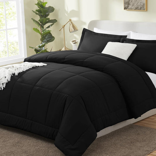 Queen Size Comforter Sets - Black Comforter Queen Size, 3 Pieces Box Stitched Soft Lightweight Bed Set, All Season Bedding Sets with 1 down Alternative Comforter and 2 Pillow Shams