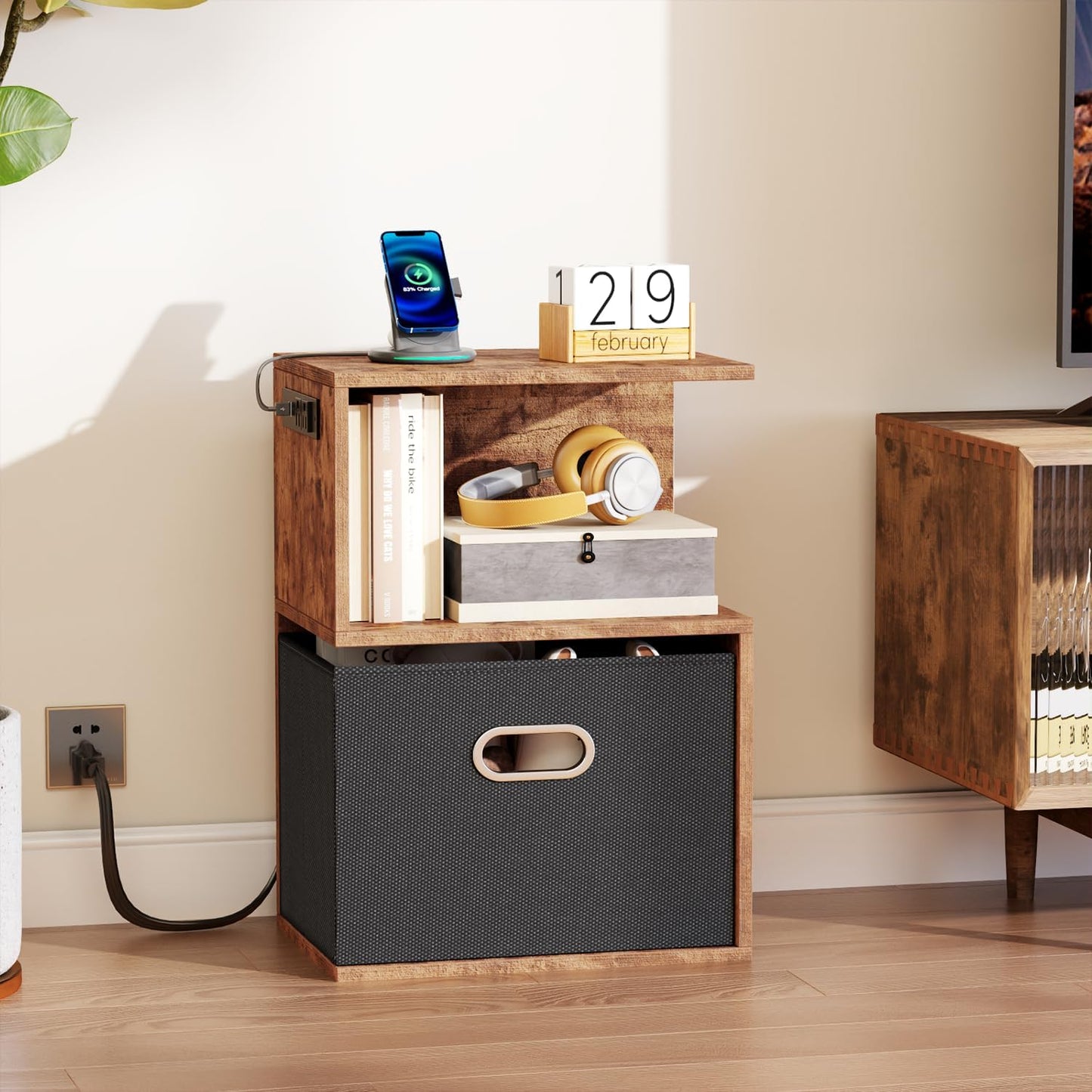 Nightstand with Charging Station and Drawer, 3 Tier End Table with Open Shelf, Wood S Shaped Bedside Table with Storage for Living Room/Bedroom/Small Space, Rustic Brown