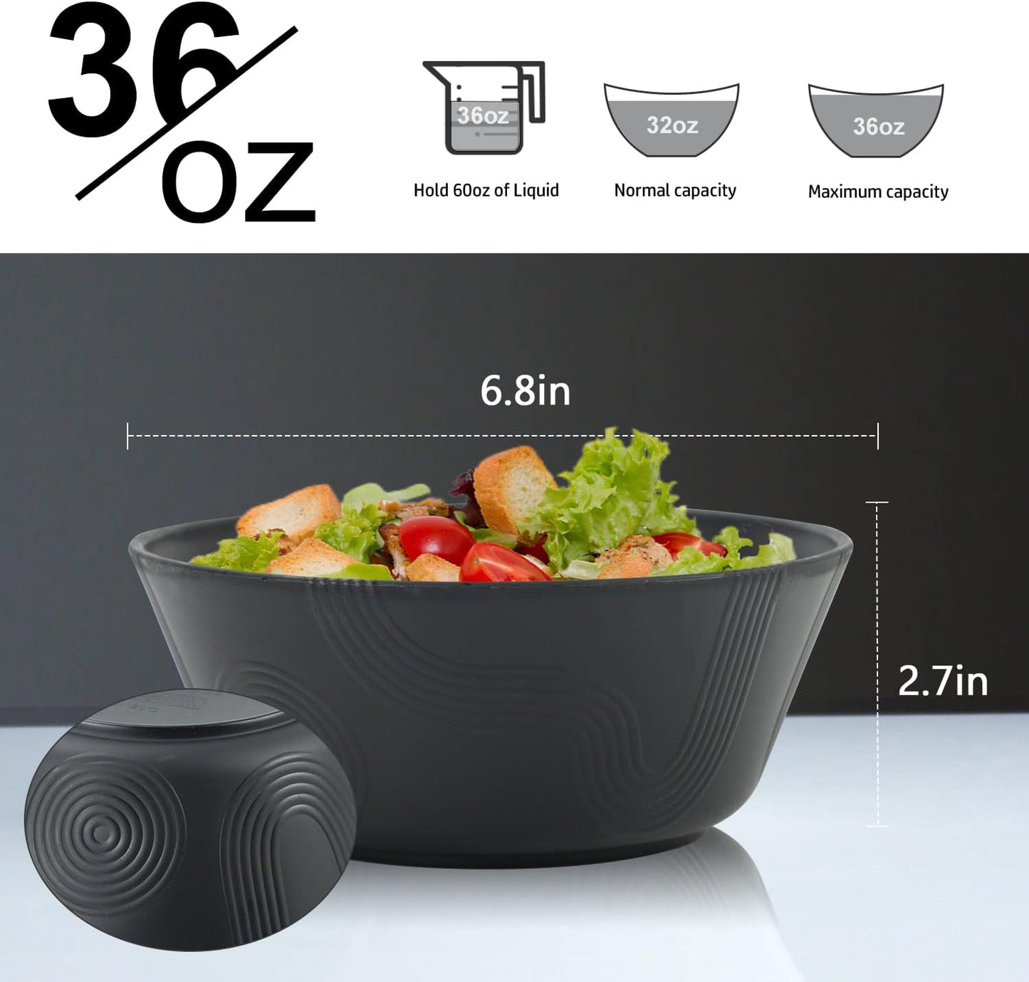 Large Wheat Straw Cereal and Soup Bowl Set - 36 Oz, Textured Design, 6 Piece Microwave and Dishwasher Safe Bowls for Kitchen, Ideal for Serving Soup, Ramen, Pho, and Salad - Black