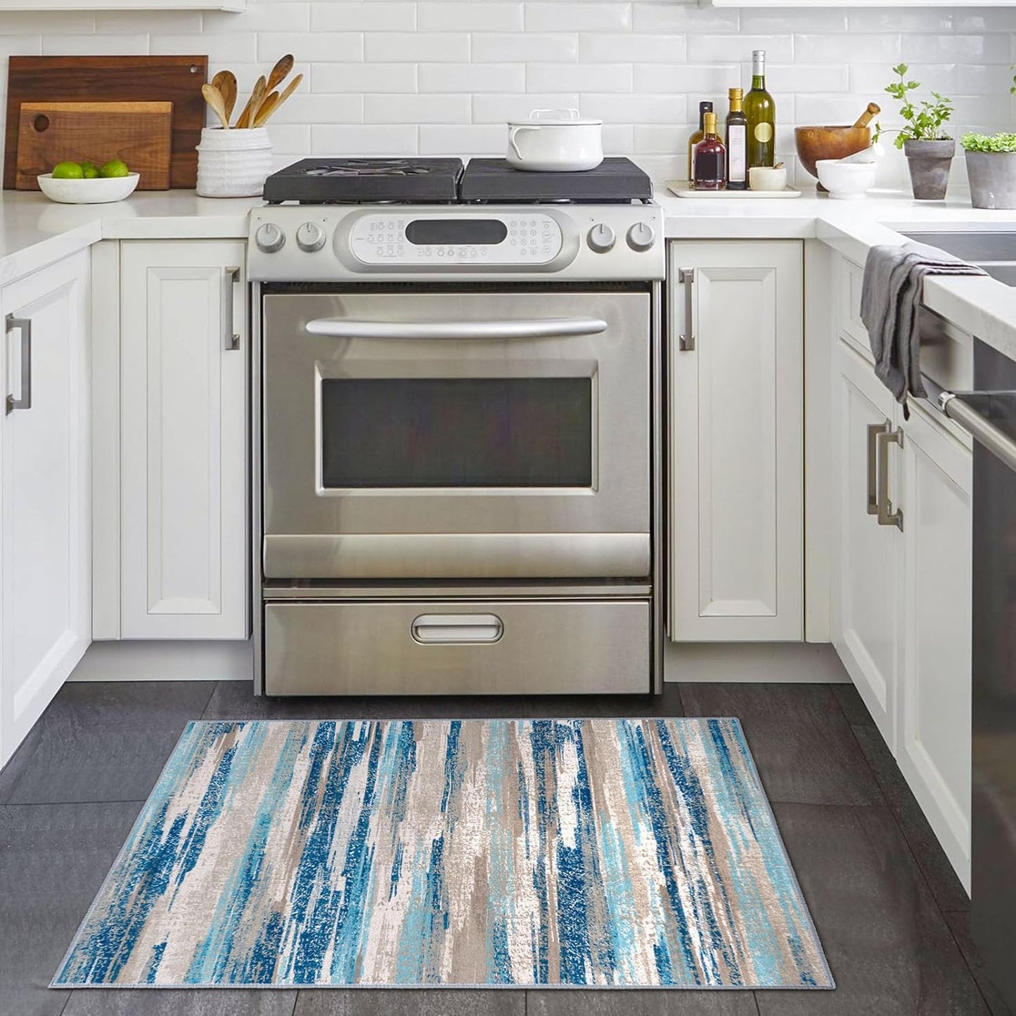 Modern Abstract Entryway Rug Indoor 2X3 Washable Rug Non-Slip Soft Small Area Rug Blue Kitchen Mats Thin Print Faux Wool Floor Carpet Throw Rugs for Entrance Bedroom Office Home Decor