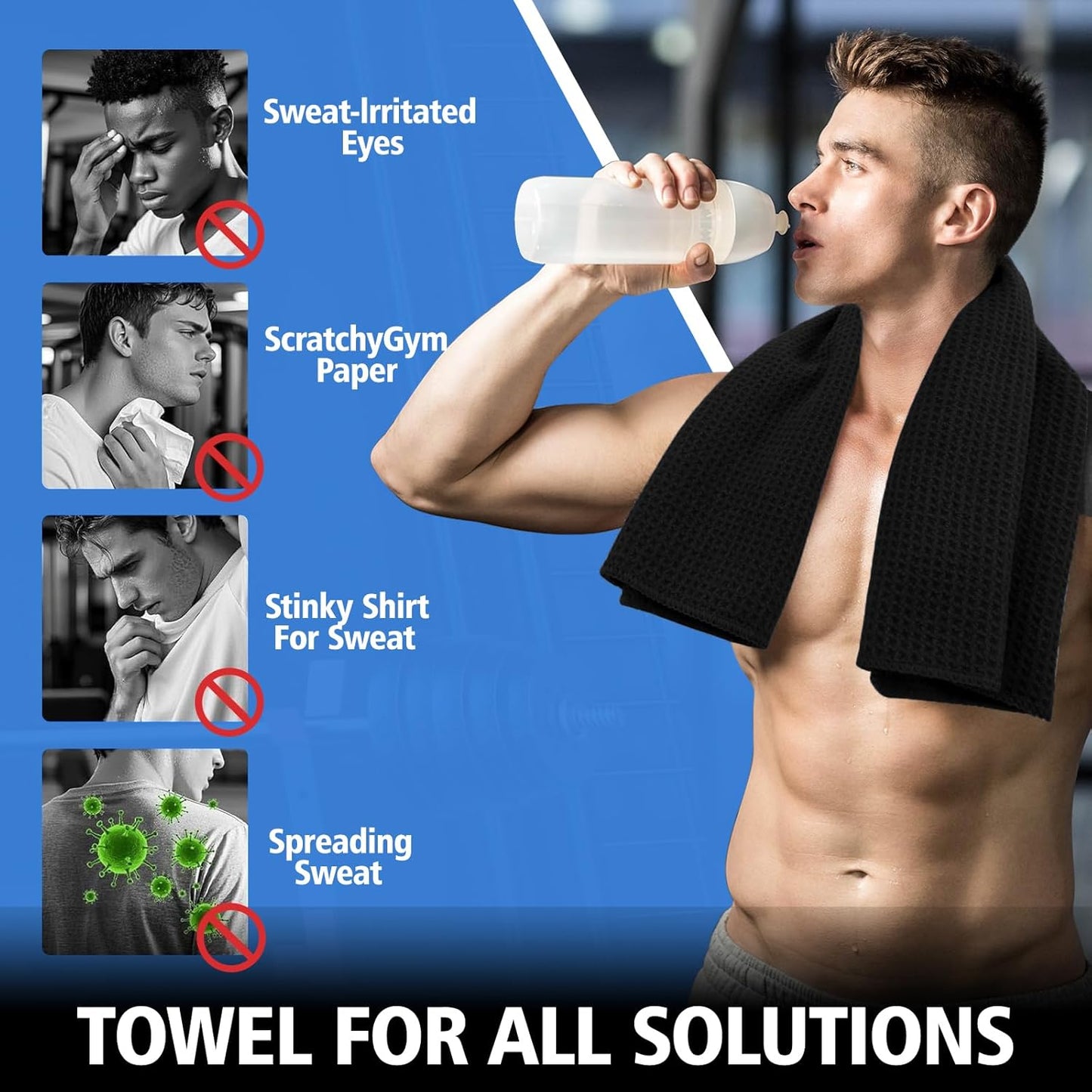 Microfiber Gym Towels for Working Out, Quickly Dry Yoga Towels for Men & Women Tennis, 16 Inch X 27 Inch, 6 Pack, Black