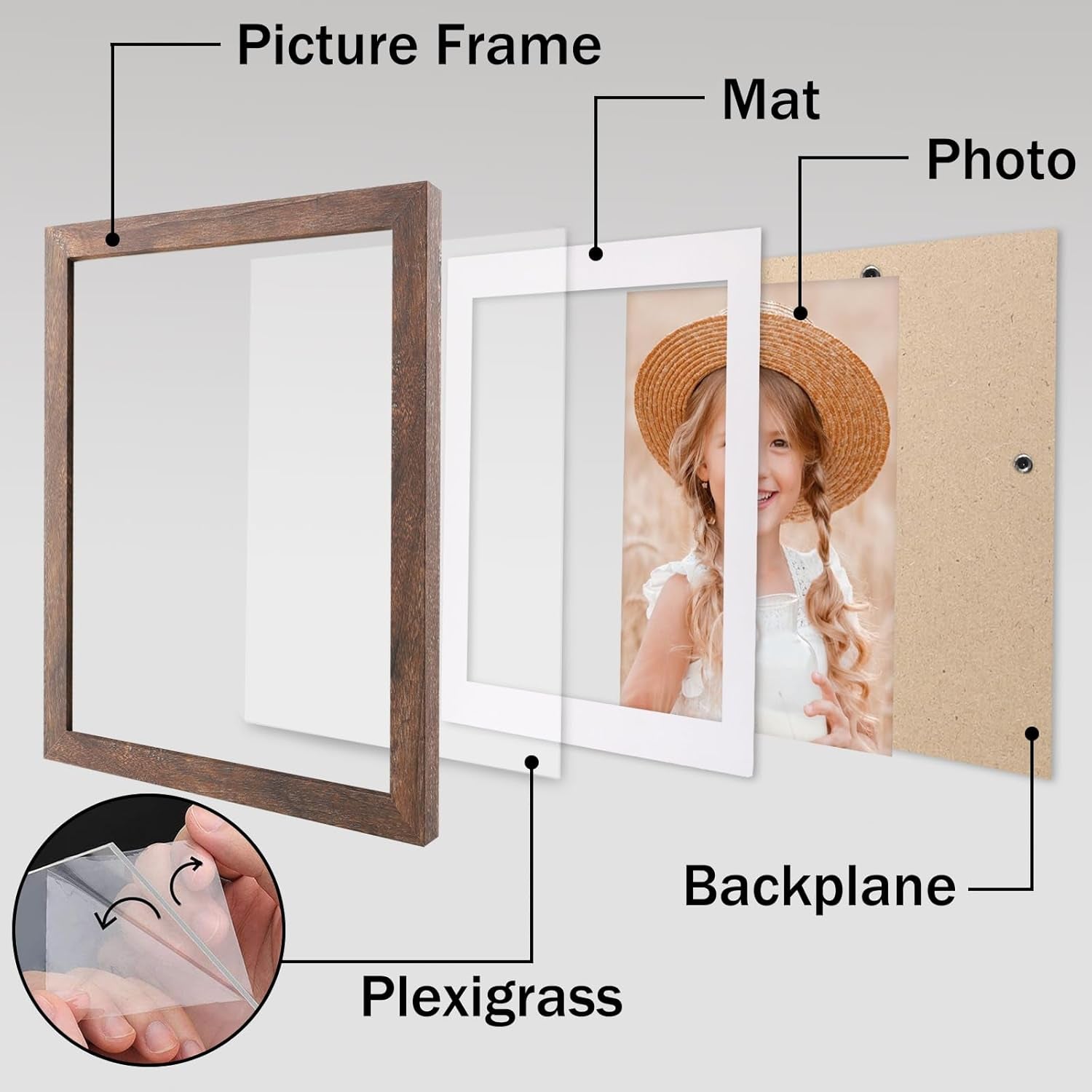 Brown Wood 8x10 Picture Frames with Mat for 6x8 Photos or Without Mat for 8x10 Photos, Distressed Finish, Set of 2 for Wall and Tabletop Display