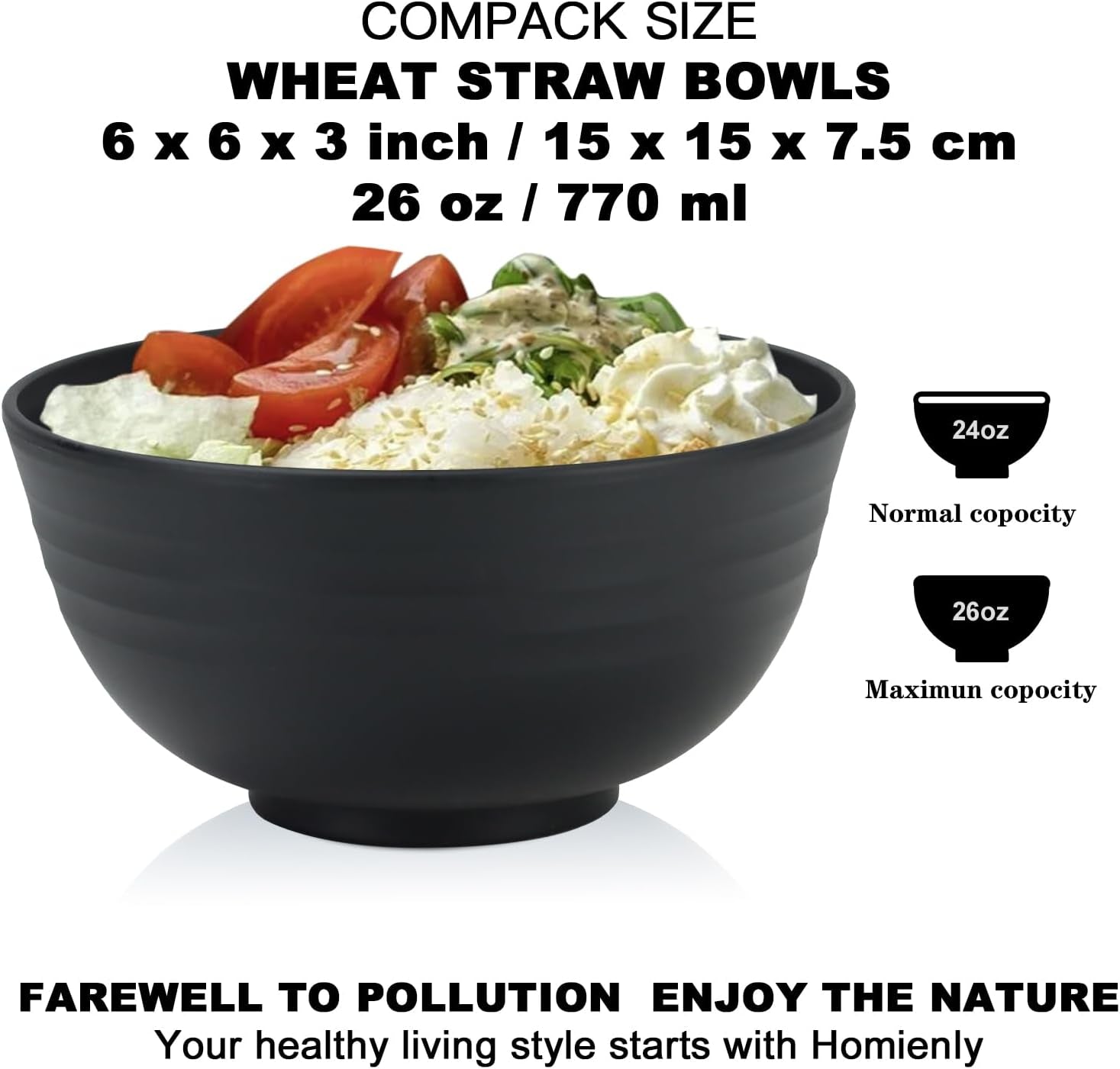 Cereal Bowl Set of 8 - Unbreakable Lightweight Wheat Straw Bowls for Kitchen, Microwave and Dishwasher Safe, Ideal for Serving Cereal, Snacks, and Fruits (Black, 26 OZ)